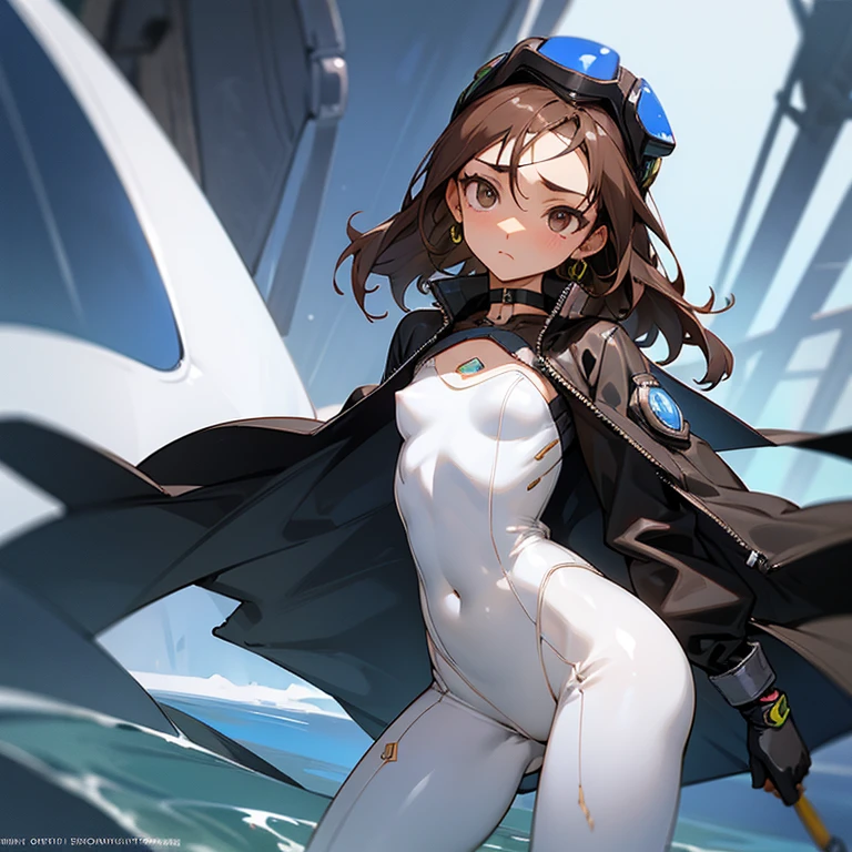 girl、confident face、earrings、thin、Outstanding style、modest chest、Goggles on foreheadをつけている、small ass、A thin 、loose clothing、that'belly button、- Front zip、white wetsuit、White separate top and bottom design、Work gloves、Goggles on forehead、brown skin、middle hair、thin、cleavage、choker、thinウエスト、