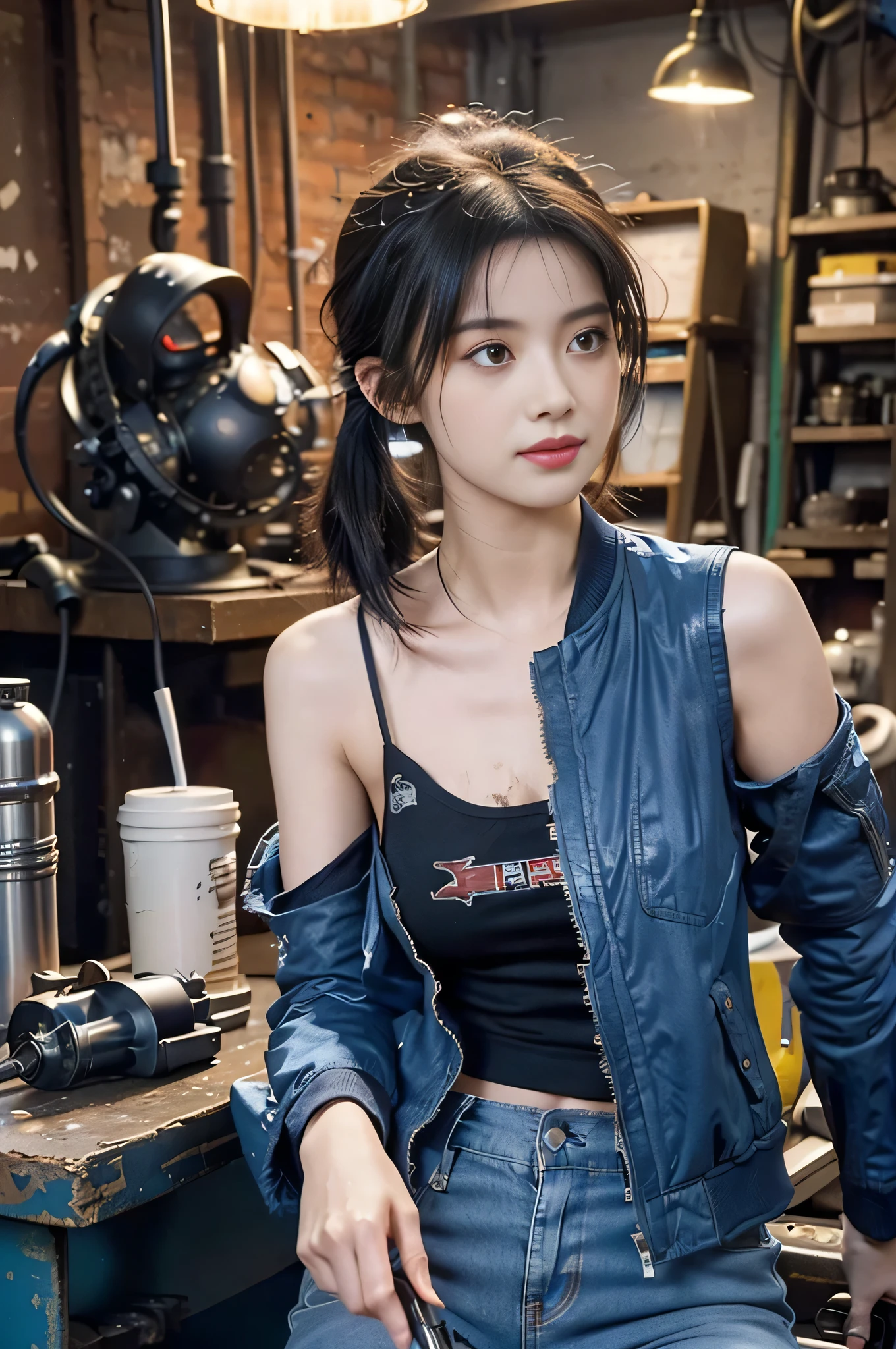 ((best quality)), ((masterpiece)), (detailed),a girl,solo,small head,small face,slim,thin,mesmerizing and alluring female mechanic covered in grease,Confident smile
, (Dirty and rugged charm:1.2), (tough and confident demeanor:1.1), (mechanical expertise:1.3),((disheveled shoulder-length straight black bob hair)),((short pony tail)),smudged face with a playful smirk, (stained blue jacket and blue pants clinging to her curves), (gritty tools of the trade:1.2), cluttered repair shop, scattered fighter plane parts, (authentic fighter plane ambiance:1.2), (intense gaze:1.1), gripping a wrench in her dirty hands, 8k resolution,looking at another, looking away,masterpiece, best quality,Photorealistic, ultra-high resolution, photographic light