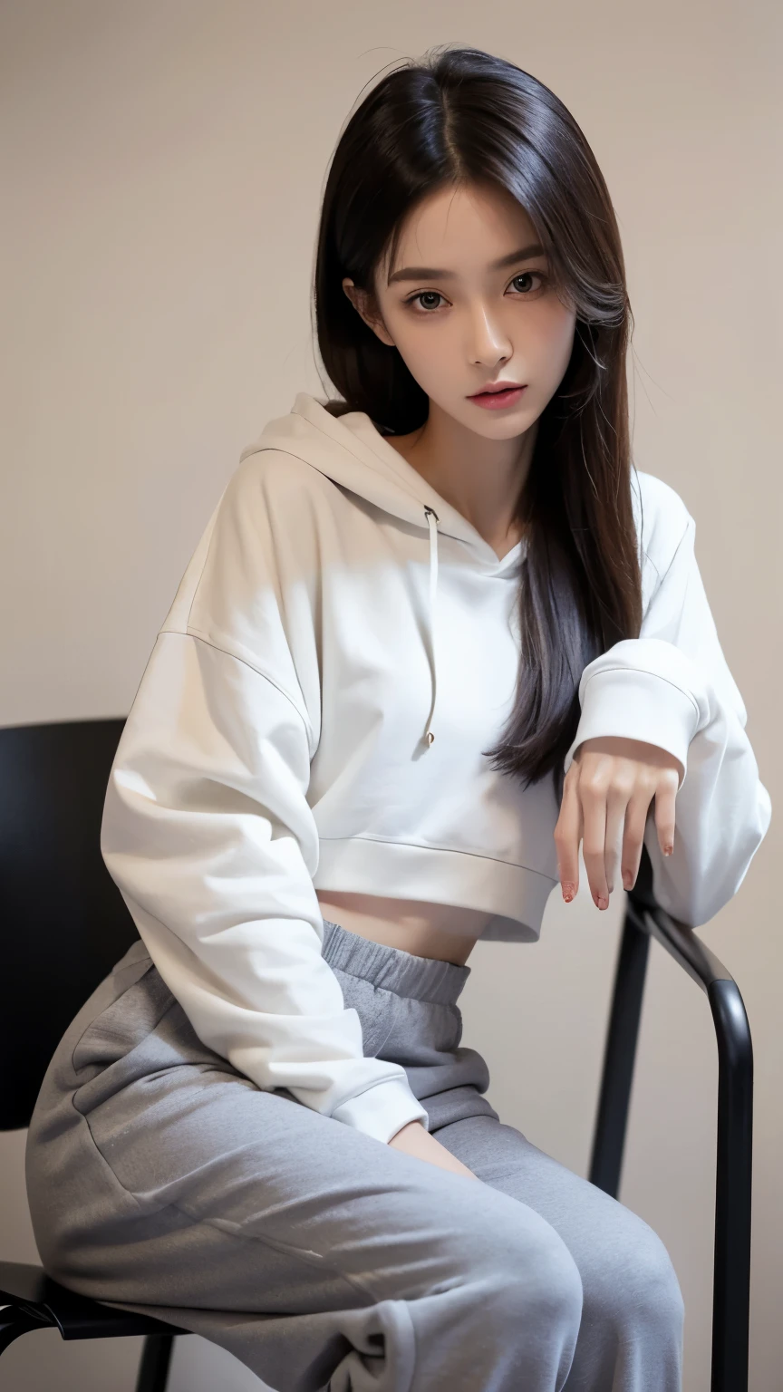 1girl, korean, young, long hair, eyes with heterochromia, thick eyebrows, freckles on skin, head tilted, smiling, hoody, loose shorts, lifting shorts hole, lifting clothes, crotch visible, wide thighs, wide thigh gap, one thigh raised, leg spread apart wide, sitting on floor at gym, high detail, 8k, super detail, highres, best quality, high quality, high details, textured skin, masterpiece