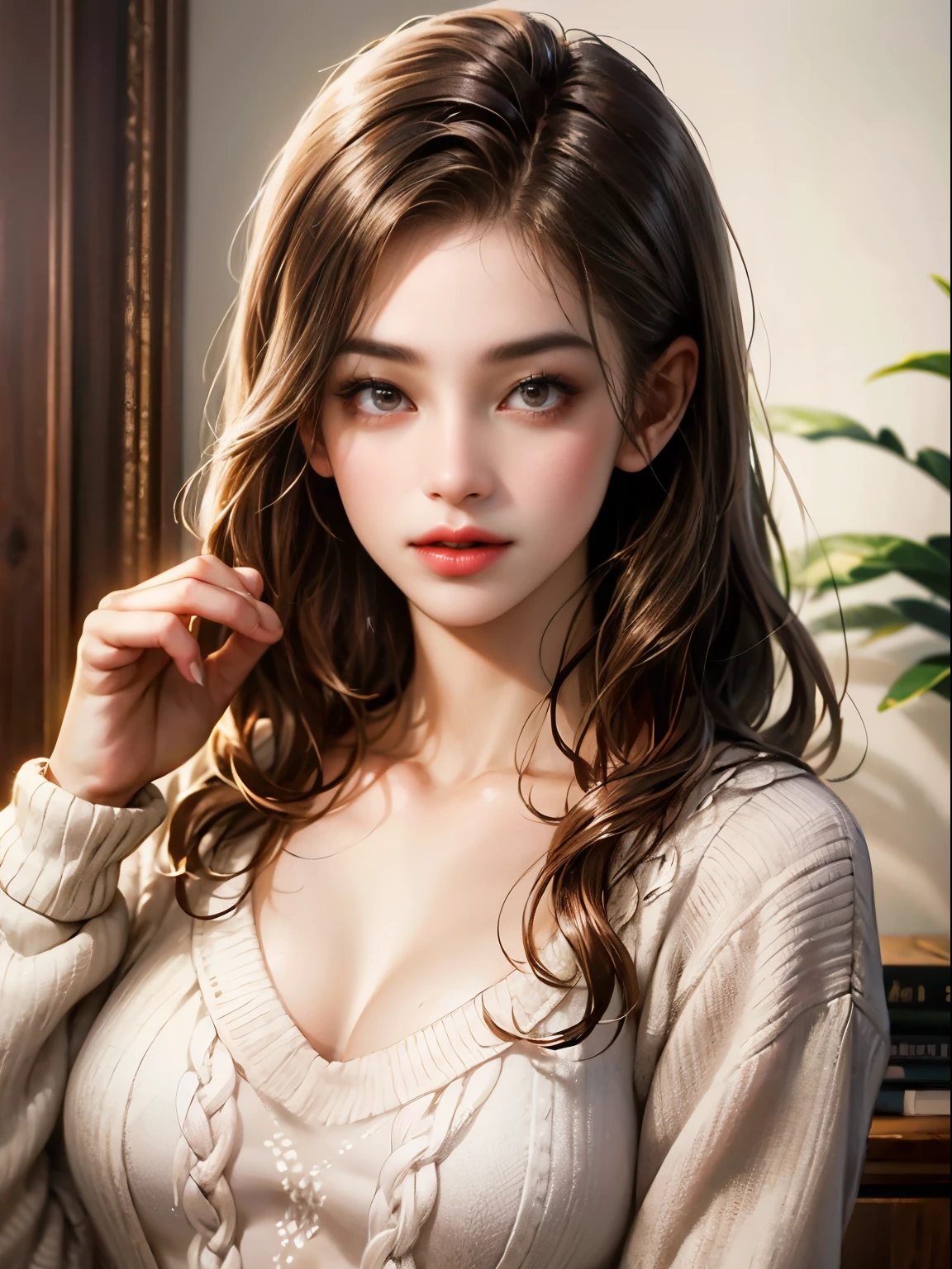((night、realistic light、highest quality、8K、masterpiece: 1.3))、1 girl、slim beauty: 1.4、(brown hair、medium breasts: 1.3)、pink long sweater: 1.1、Bathroom、ultra thin face、delicate eyes、 double eyelid、smile、necklace、brown eyes