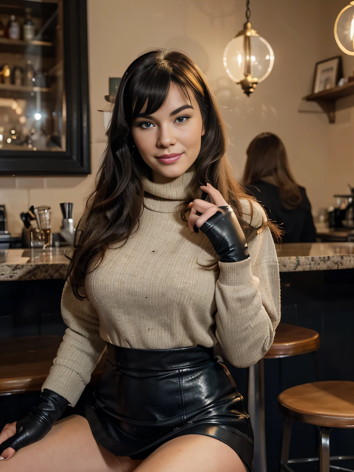softly smiling Bettie Page, smoking a joint inside a coffe shop, sitting on a stool, with a beer in the hand,Golden Locks hair, detailed freckles, blue eyes, very slim, very short, posing in Amsterdam, modeling, wearing turtleneck, trench coat, large leather skirt, black gloves,scarf, The image, realistic hyper-detailed photo captured in stunning Ultra HD, 8k resolution, Nikon D850, — style raw — c 10 — ar 2:3 — s 250V