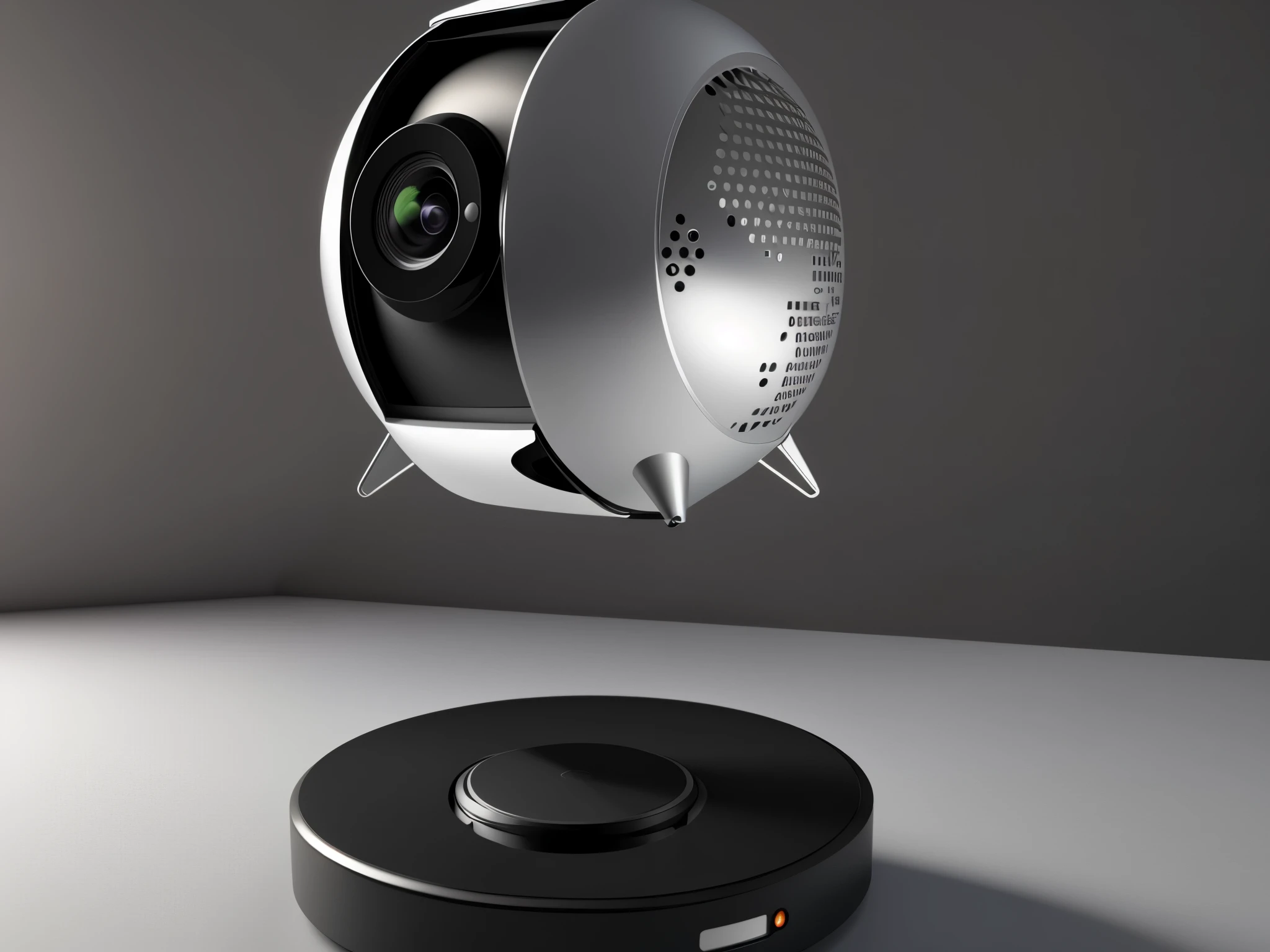 There is a small camera on the table.,There is a speaker on it,，Next to it is a potted plant， 3Dproduct rendering, Product design renderings, 描绘为 3D rendering, 3D rendering, Product design photography, mobile gimball camera, product rendering, product photo，indoor lighting, Corona render,4K