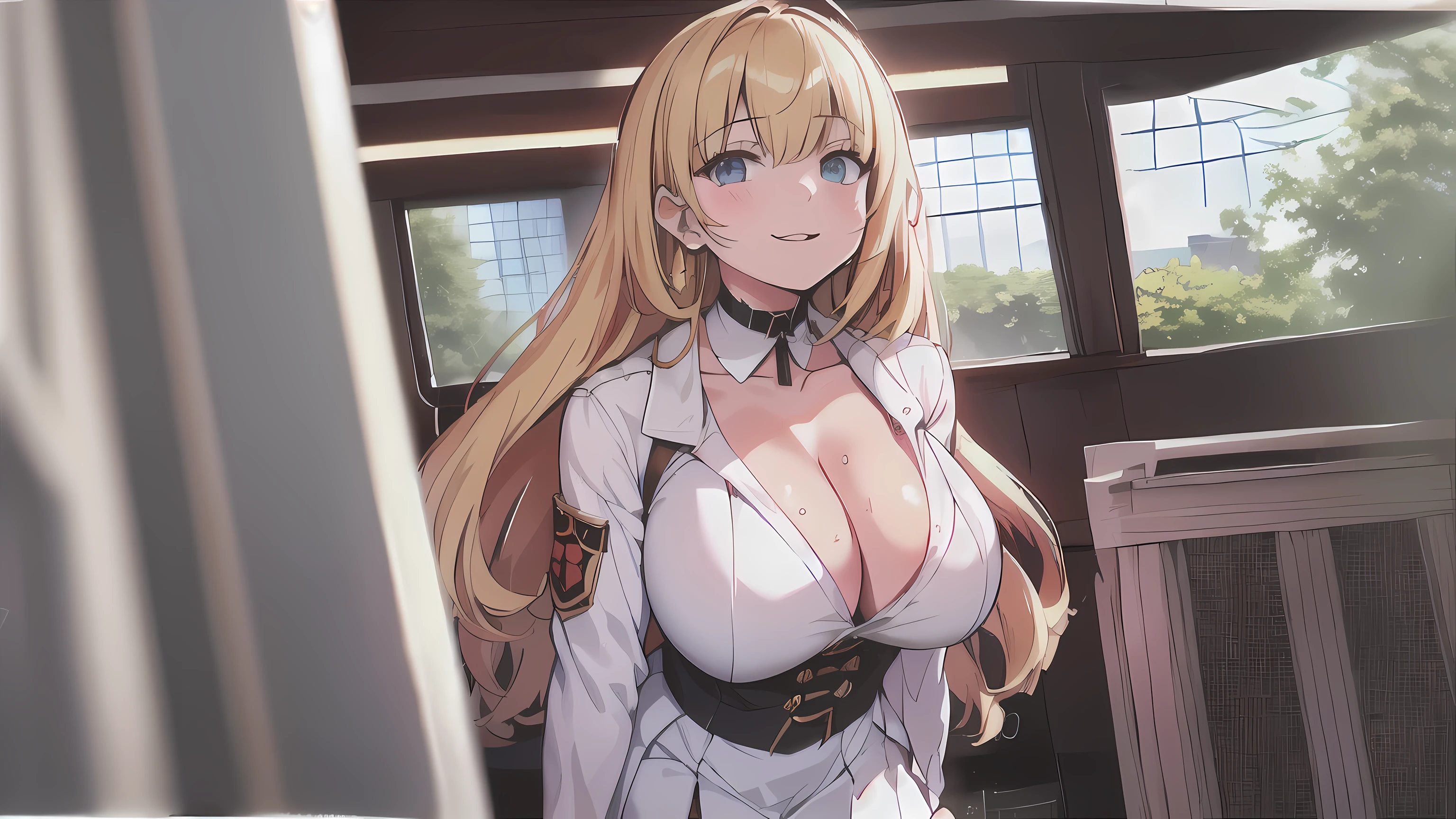 garota anime com longos cabelos loiros e olhos azuis de uniforme, detalhes finos. linha de frente das s, fanart de marin kitagawa, (SFW) seguro para o trabalho, from linha de frente das meninaota anime sedutora, do videogame azur lane, seios grandes!, estilo azur lane, com seios grandes, cushart krenz arte chave feminino, biomechanical Oppai, Oppai