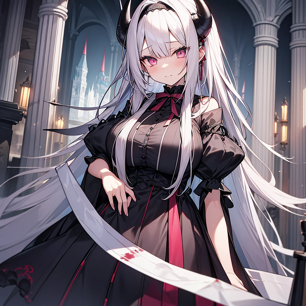 silver hair、slanted eyes、pink eyes、A beautiful girl with long hair、吸Blood鬼、cold look、Blood、Gothic ta、big breasts、devil castle、Aggressive、psychopath