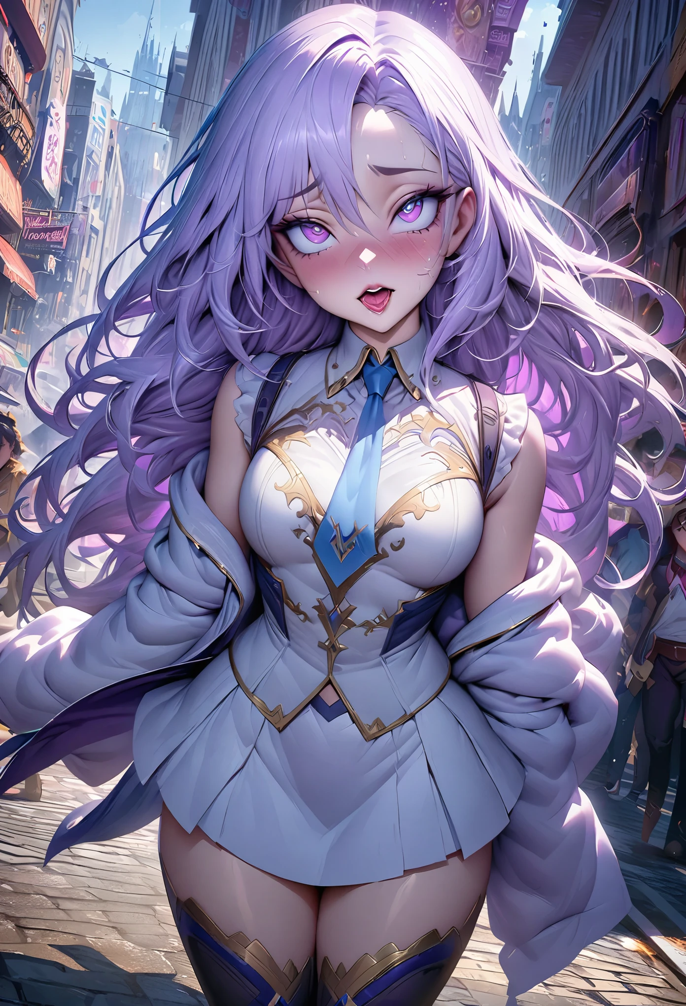 Anime girl with long hair and blue eyes standing on the city street, Hot Trends in ArtStation Pixiv, purple eyes, blue tie, fair (delicate eyes, Detailed face,) ahegao, Yuradev, Noble temperament, High heel, No watermark