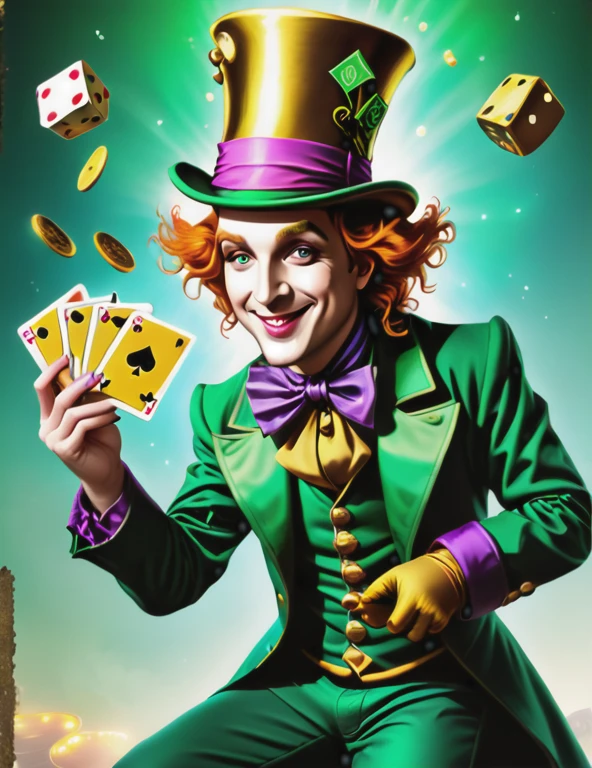 cosmic mystic tarot card design, a mad hatter from alice in wonderland dressed as the riddler. bunch of golden coins, dice, poker cards flying around in the air