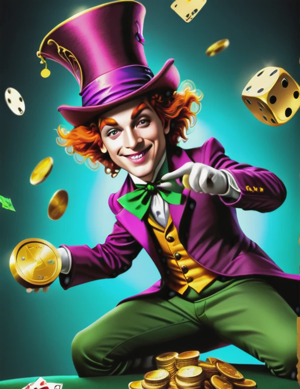 cosmic mystic tarot card design, a mad hatter from alice in wonderland dressed as the riddler. bunch of golden coins, dice, poker cards flying around in the air