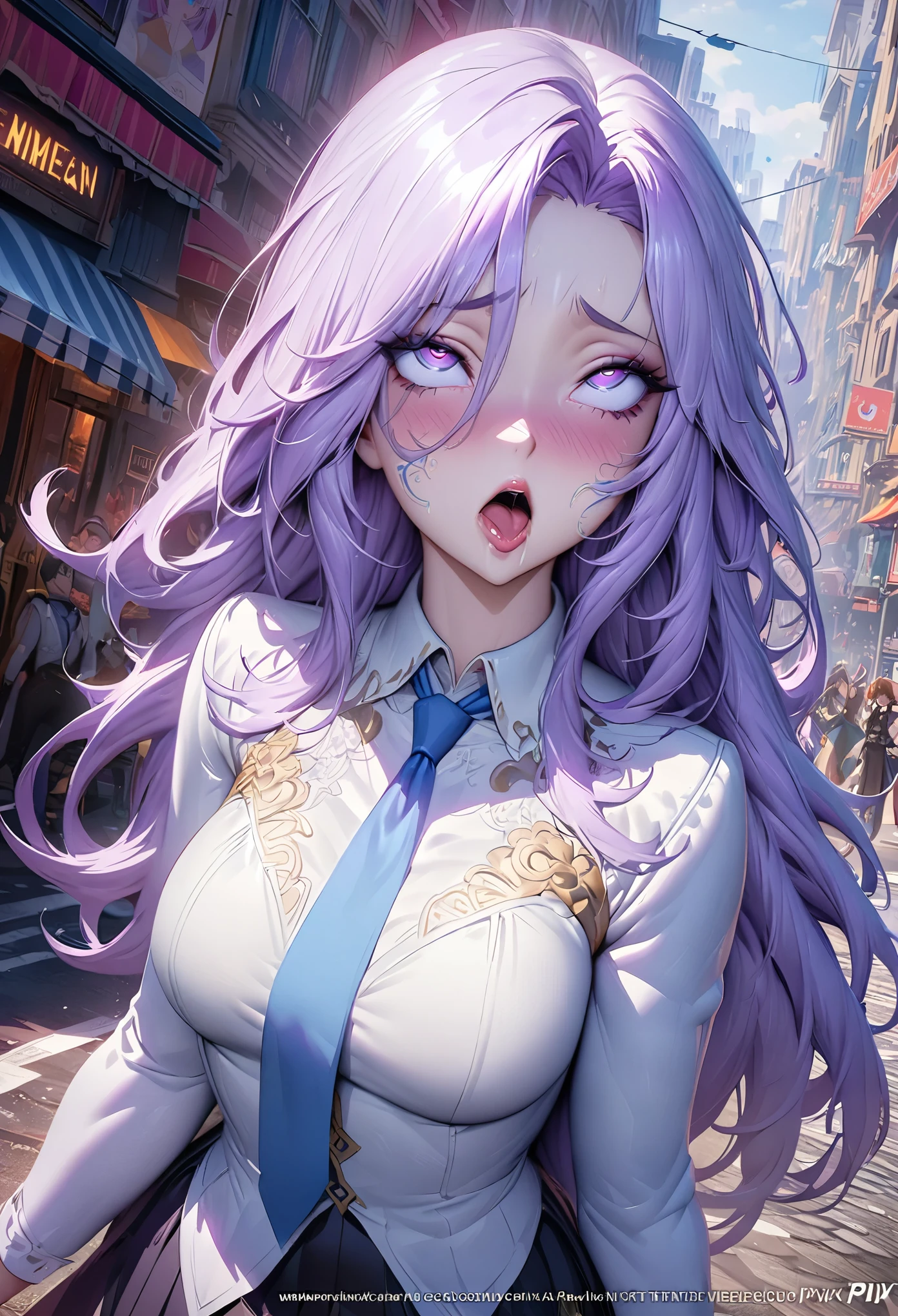 Anime girl with long hair and blue eyes standing on the city street, Hot Trends in ArtStation Pixiv, purple eyes, blue tie, fair (delicate eyes, Detailed face,) ahegao, Yuradev, Noble temperament, High heel, No watermark