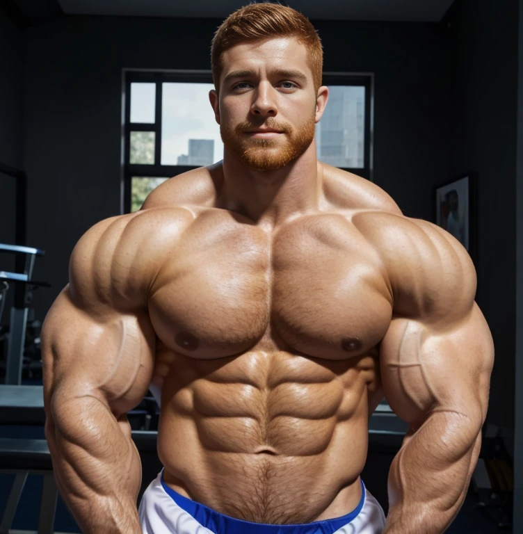 ginger daddy, (1boy), (soft smile), tan skin, (natural daylight:1.3), flexing biceps, perfect biceps, round biceps, arm flexed, bicep flexing pose, (good face:1.5), (male model:1.3), dimly lit, dark studio, Face the mix of David Henrie an Josh Hutcherson on a matured man with a beard, ginger, bodybuilder competition flexing poses, showing off biceps, handsome, (beautiful:1.3), gorgeous, high quality face, ginger, very large muscles