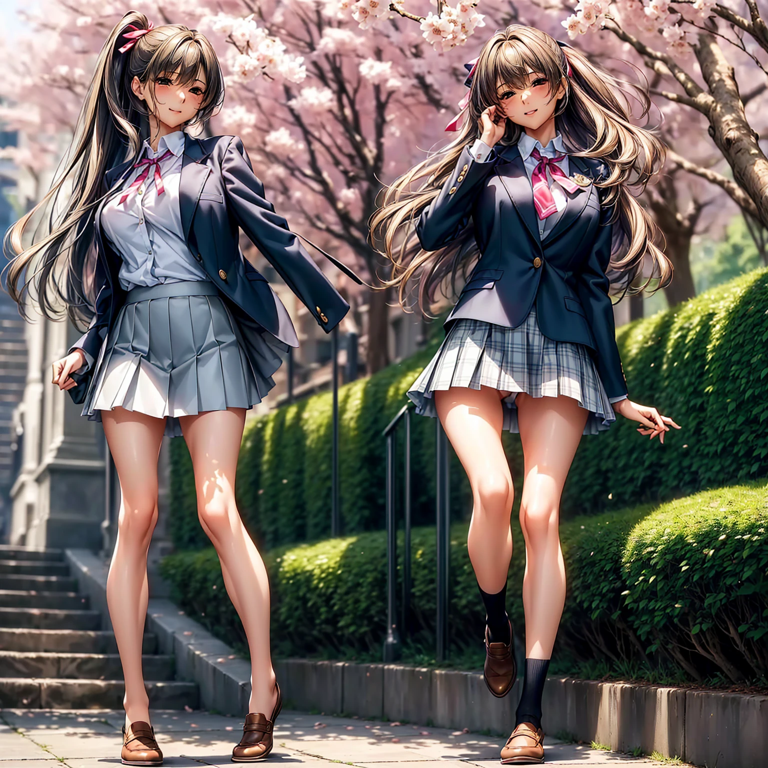 (((highest quality、masterpiece、very high resolution、High-definition images)))、beauty painting、beautiful girl:18-year-old、beautiful body:Slender Beautiful Breasts、beautiful face:smile、beautiful hair:various hairstyles 、(best skin and hair texture)、((high school uniform:blouse:ribbon:blazer:pleated skirt、beautiful feet:knee high stockings))、beautiful park、beautiful cherry blossoms、stone steps、beautiful sky、Natural light、beautiful scenery、beautiful pose、model shoot、((The wind blows and flips my skirt:Panties are exposed)),accurate image:1.5、accurate anatomy:1.5、Image without defects、perfect image、Overall image、(best shot、Raw photo: 1.2)