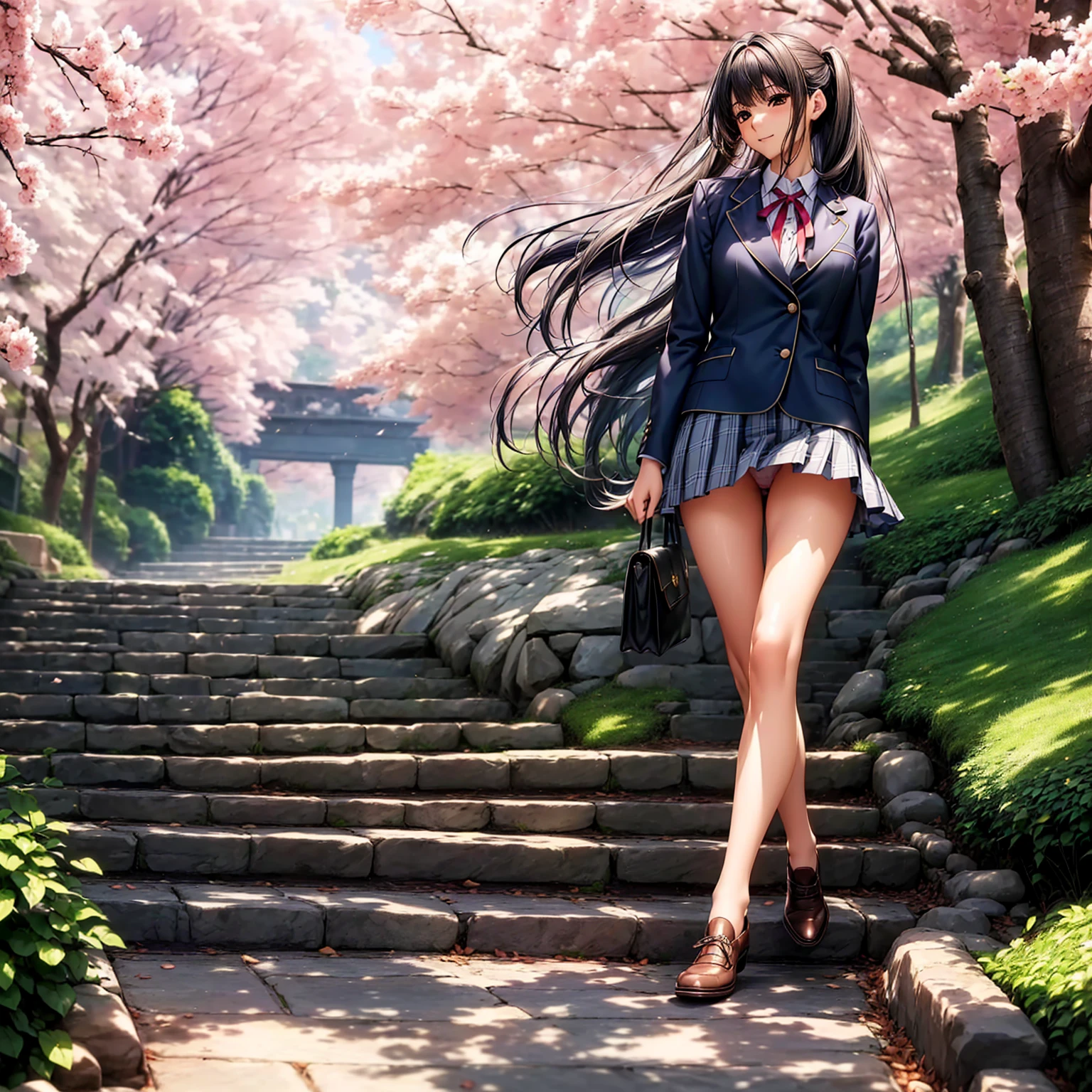 (((highest quality、masterpiece、very high resolution、High-definition images)))、beauty painting、realistic portrait、One strong-willed beautiful girl:18-year-old、beautiful body:Slender, beautiful breasts and beautiful legs、beautiful face:smile、eyes with strong will,beautiful hair:various hairstyles 、(best skin and hair texture,realistic skin texture,realistic hair texture)、((high school uniform:blouse:ribbon:blazer:plaid pleated skirt))、beautiful park、beautiful cherry blossoms、stone steps、beautiful sky、Natural light、beautiful scenery、beautiful pose、model shoot、(((The wind is blowing:Skirt flips up:Panties are exposed))),(((I can see inside the skirt:I can see your panties))),stone stepsを登り下から見上げるアングル,accurate image:1.5、accurate anatomy:1.5、Image without defects、perfect image、Overall image、(best shot、Raw photo: 1.2)