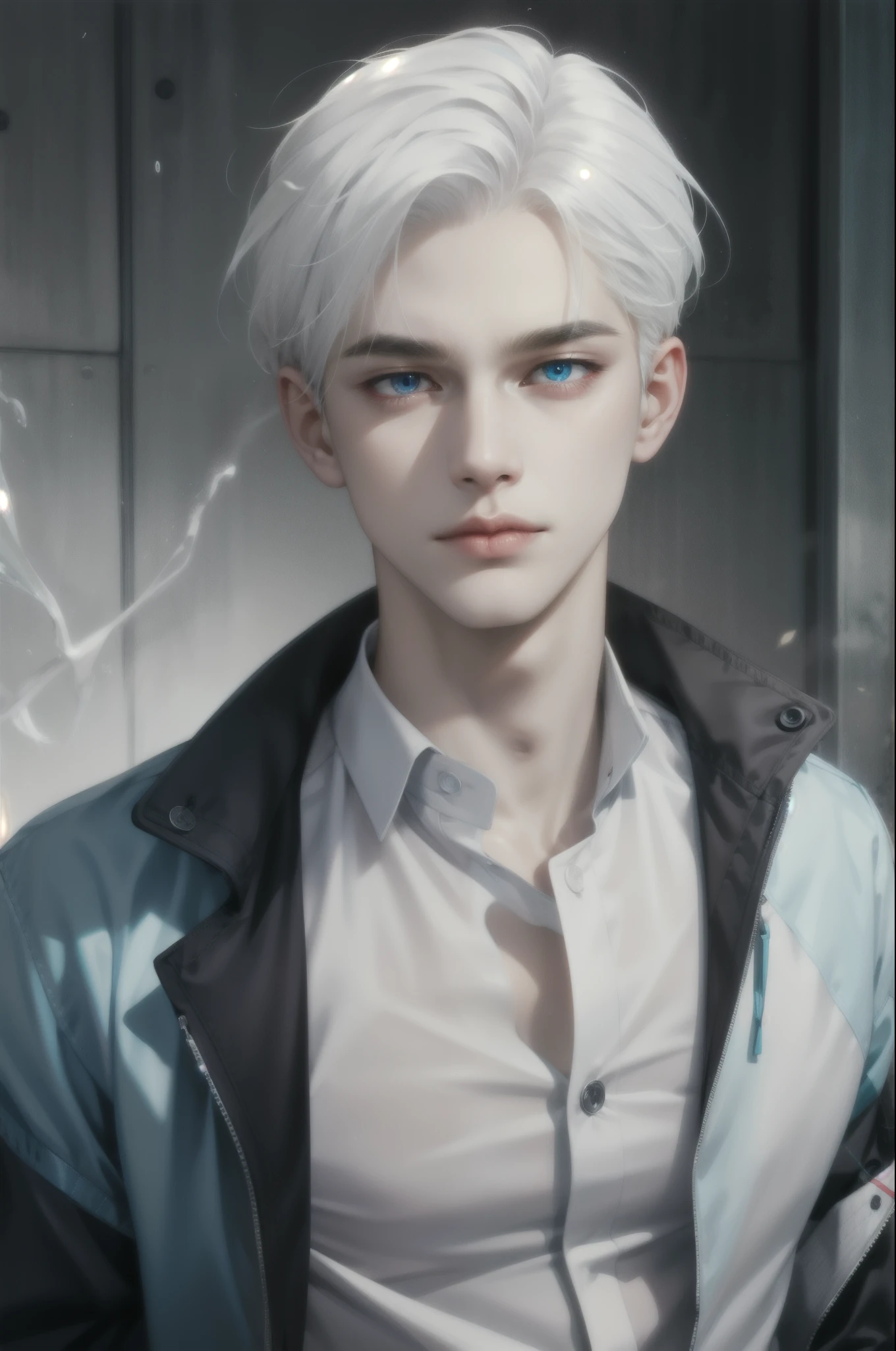 Boy, white hair, blue eyes, serious sharp features, white skin, cyan shirt, jacket