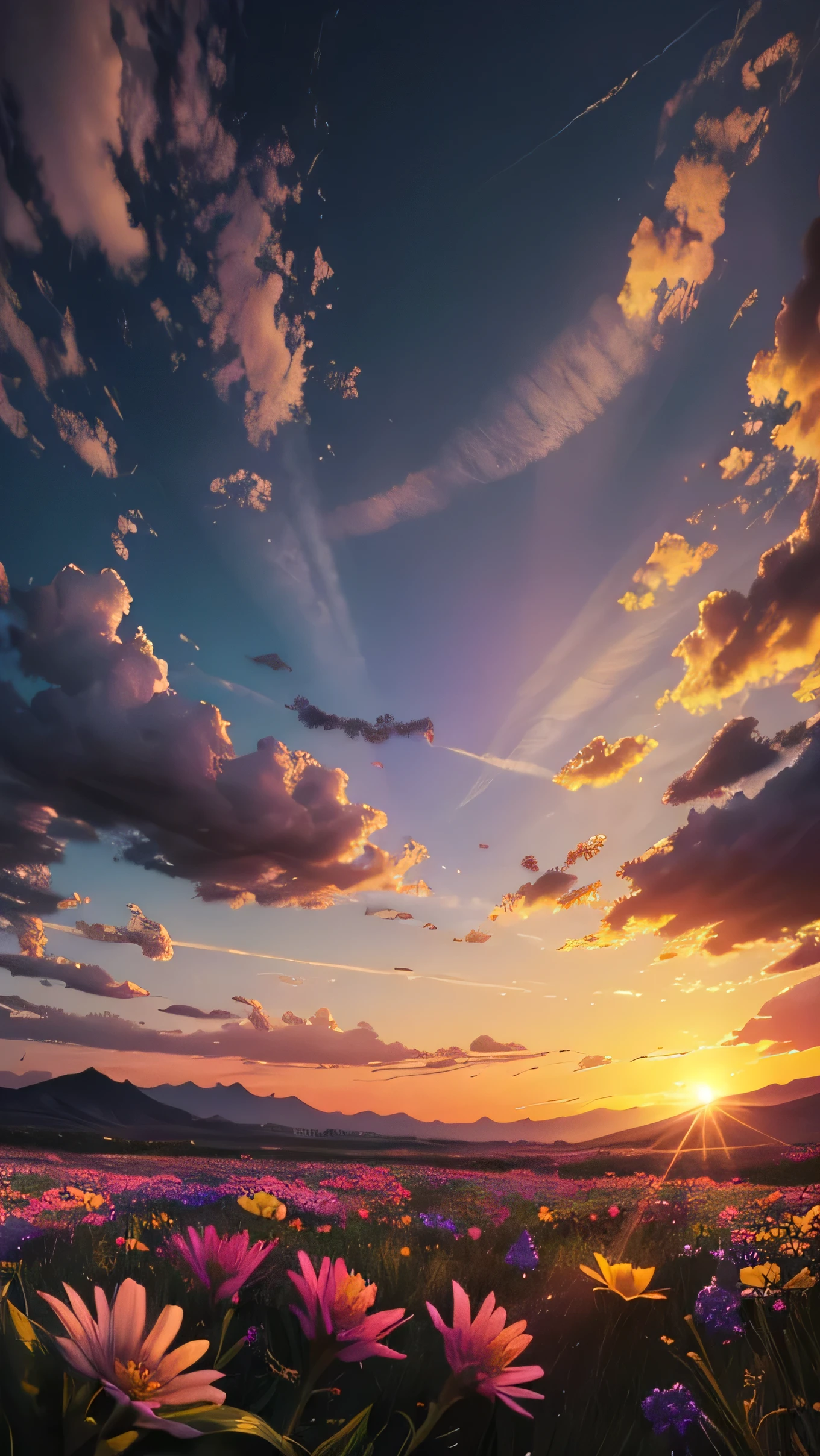 highres, imagination, (realistic), clear skies, composition, sunset,flowers colorful ,(hdr:1.5), outdoors, intricate details,