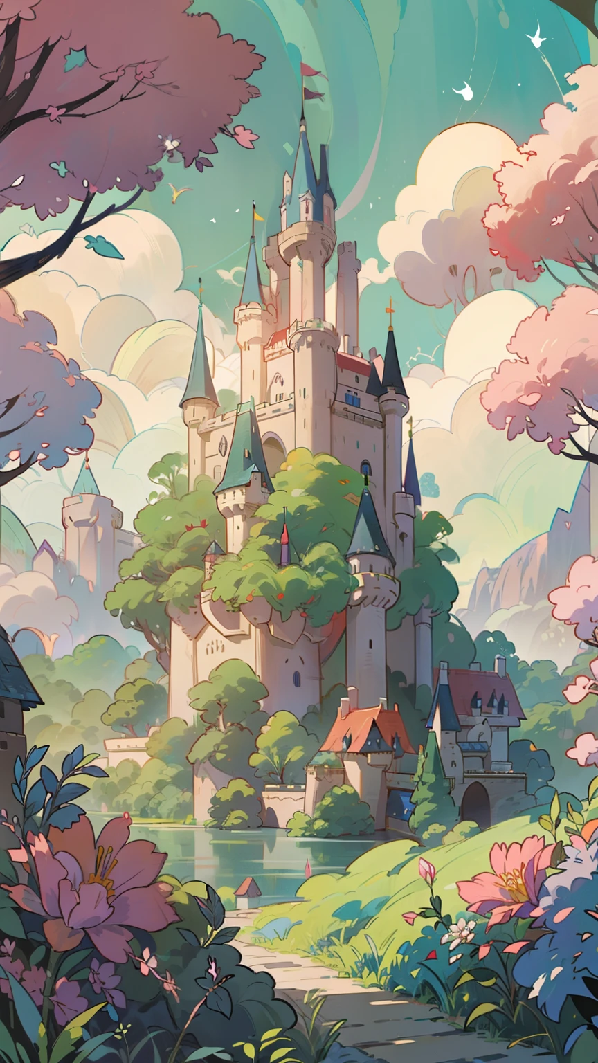 there is a castle in the middle of a forest with a lake, fundo do castelo, fundo de estilo de conto de fadas, castelo de nuvem voadora, fairy-tale illustration style, arte conceitual da Disney, arte de conto de fadas, fantasy magic concept art 2d, magic castle school on a hill, castelo de fantasia, beautiful rendering of a fairy tale, arte conceitual estilizada, magic castle