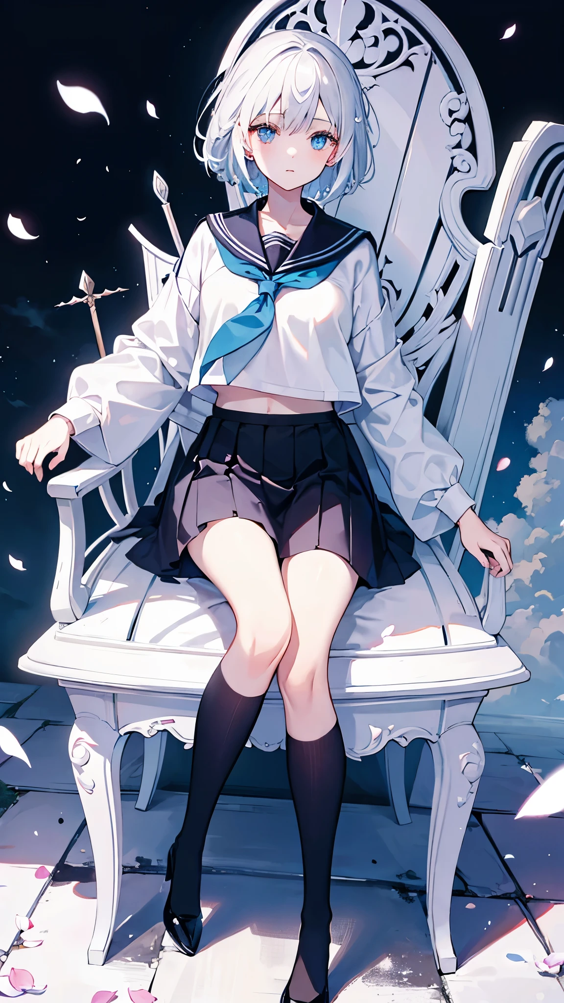 Short white hair blowing in the wind,glowing blue eyes,Petals spilled,masterpiece,Clouds around,throne,Black cuffs,sailor,girl