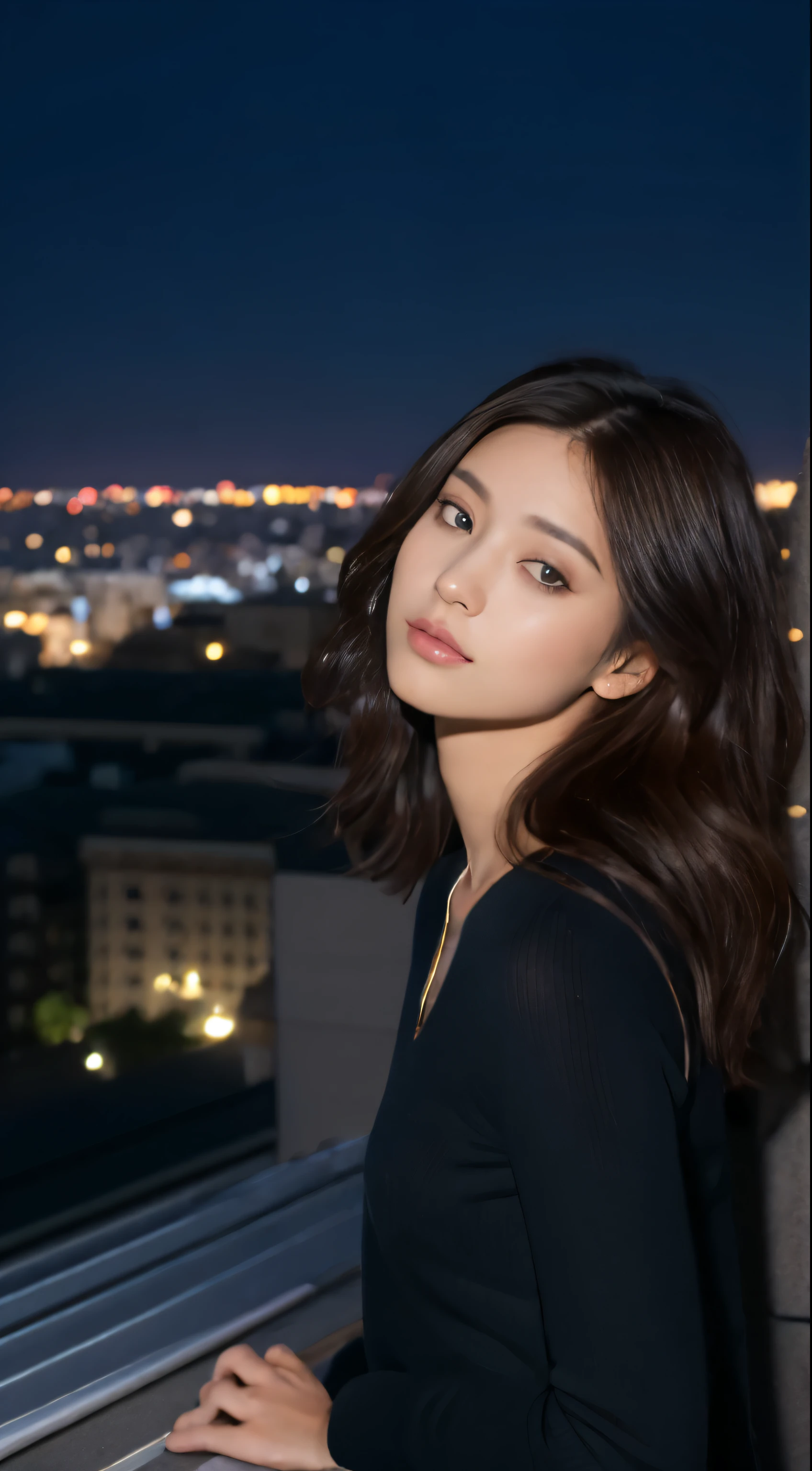 ((midnight、top quality、8K、Masterpiece:1.3)),Full body female love,long legs,sharp focus:1.2,Beautiful woman with perfect body:1.4,((Dark brown hair、half length)),((night view、on the roof:1.3)),Highly detailed facial and skin textures,Acne-free skin,delicate eyes,double eyelids,brown eyes,The nose is small and well-proportioned,