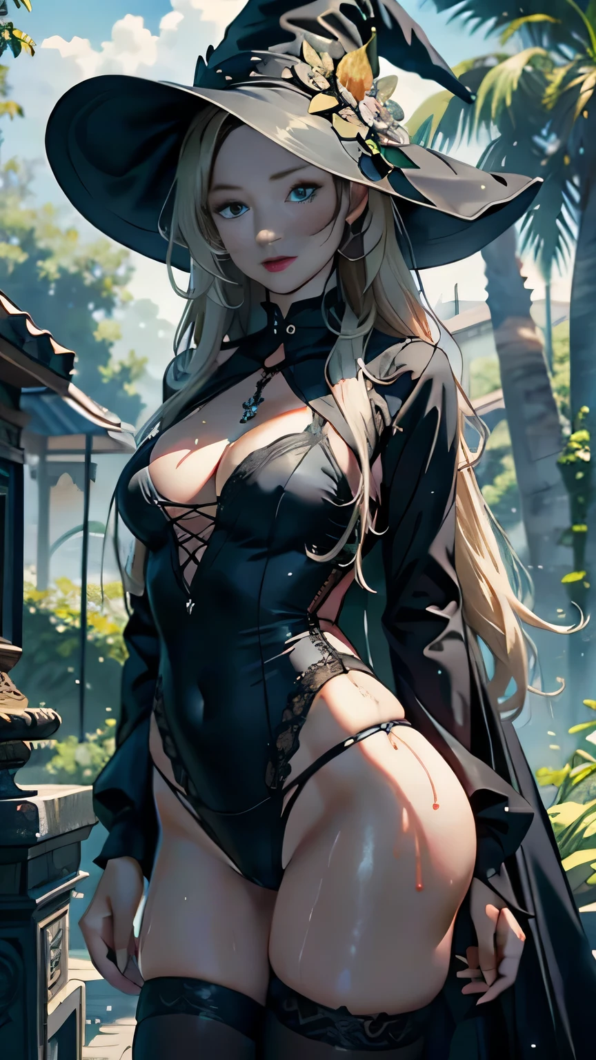 1 woman,middle lower chest ,good hand,Pornographic Exposure, solo,(Background with:In the woods,a tropical forest,in summer,water on earth,exteriors) ,Stride,Sweat profusely,wet all over my body,visible from the front,Blonde straight hair , cloudy sky,(((the masterpiece),(очень подробные обои CG Unity 8k),Best quality,cinematic lighting,detailed background,beautiful detailed eyes,Bright students,(very good and beautiful),(Beautiful and detailed description of the eyes),ultra - detailed,the masterpiece,)),facing the viewer,facade,A high resolution,ultra - detailed)don't say,Wipe your panties,open chest,Bare genitals, convex,camel toes,raised sexy,obscene expression,Flushed complexion,with open mouth,facade,witch hat(Tedious:robe,tights)smile
