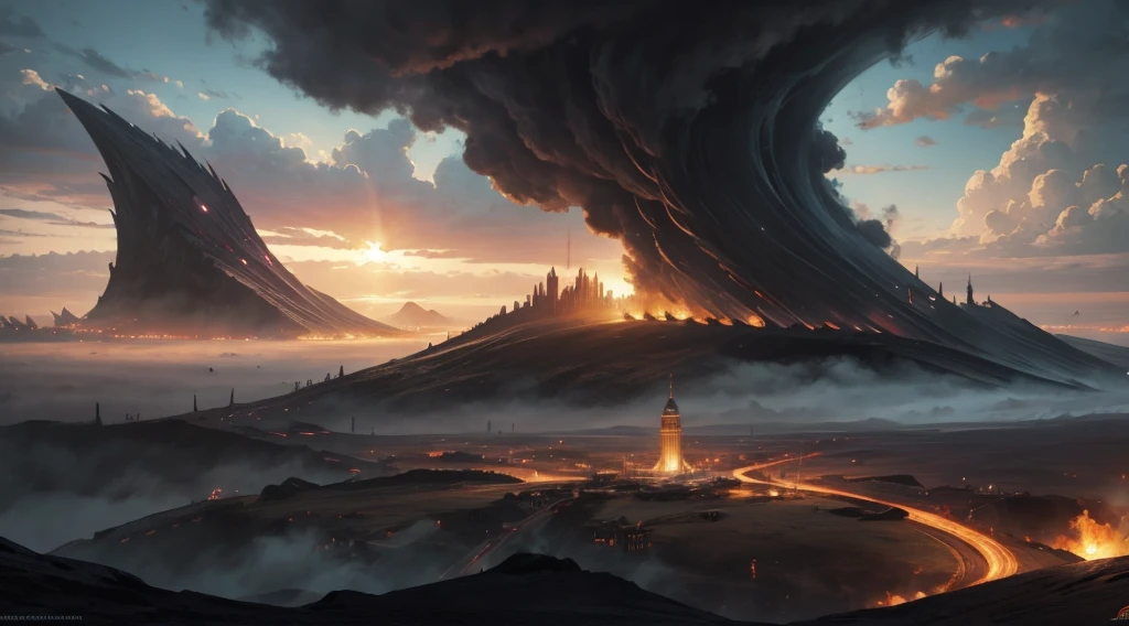 a painting of a tornado is coming out of a city, mtg art, noah bradley. sharp focus, magic the gathering concept art, magic the gathering art, magic the gathering card art, dramatic concept art, epic scifi fantasy art, matte scifi fantasy painting, elden ring capitol, magic the gathering artwork, stormlight archive, dune city and temples of arrakis