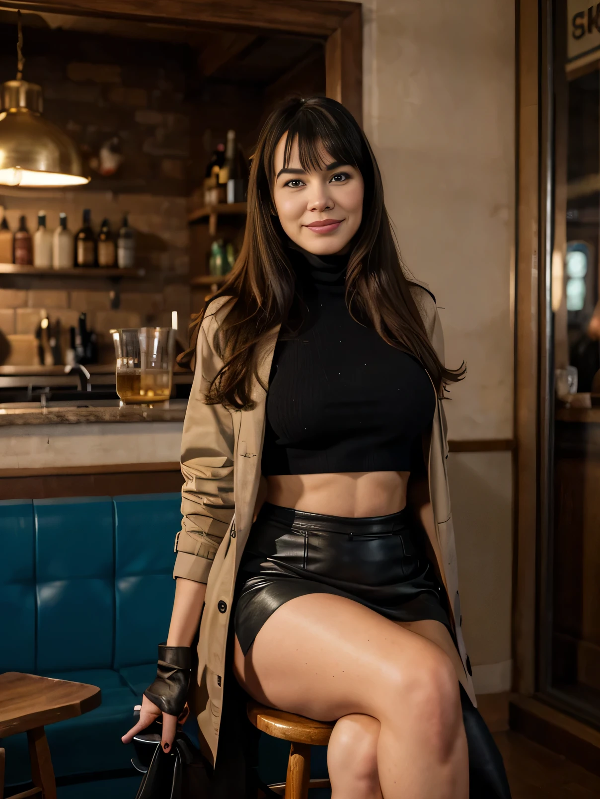 softly smiling Bettie Page, smoking a joint inside a coffe shop, sitting on a stool, with a beer in the hand,Golden Locks hair, detailed freckles, blue eyes, very slim, very short, posing in Amsterdam, modeling, wearing turtleneck, trench coat, large leather skirt, black gloves,scarf, The image, realistic hyper-detailed photo captured in stunning Ultra HD, 8k resolution, Nikon D850, — style raw — c 10 — ar 2:3 — s 250V