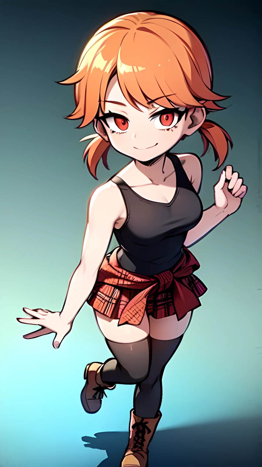1girl,solo,full body,looking at viewer,facing viewer,short low twintails,orange hair,red eyes,twin parted bangs,hair pulled back,solid outline,smile,black thighhighs,red plaid skirt,white tanktop,military boots,yellow hoodie around waist