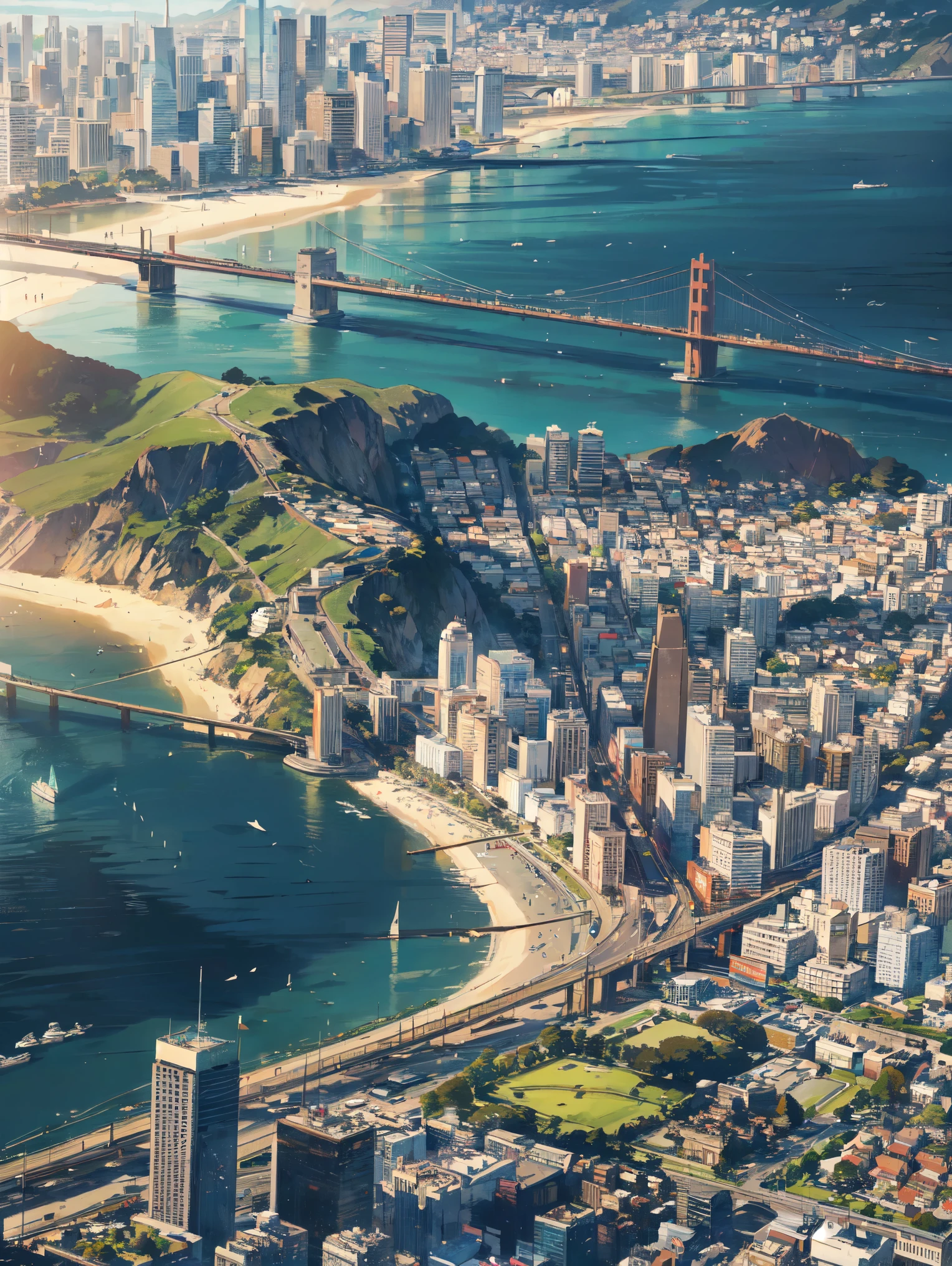 High-resolution, modern-style, ultra-detailed image representing an accurate and up-to-date map of San Francisco, United States. The map displays a comprehensive view of the city, highlighting its tourist attractions, iconic neighborhoods, main streets and avenues, parks and green areas, as well as important buildings and architectural landmarks. All the elements are drawn with precision and detail, allowing a clear and complete view of the city in its entirety. | Aerial perspective composition, offering an overview of the city and its geographical features, such as San Francisco Bay, the Pacific Ocean and the rolling hills that mark the local landscape. The camera captures the city in its entirety, with an emphasis on detail and geographical accuracy. Realistic lighting effects and textures create a sense of depth and three-dimensionality, highlighting San Francisco's natural beauty and unique architecture. Vibrant colors and balanced contrasts highlight the different neighborhoods and areas of the city, making it easy to identify and understand the overall layout. | An ultra-detailed and accurate map of San Francisco, USA, revealing the beauty and complexity of the city in a modern, high-resolution style. | ((perfect detail, perfect texture, perfect composition, perfect design, perfect layout, perfect detail, ultra detailed, enhance details, correct imperfections)), Add more detail, More Detail, Enhance.