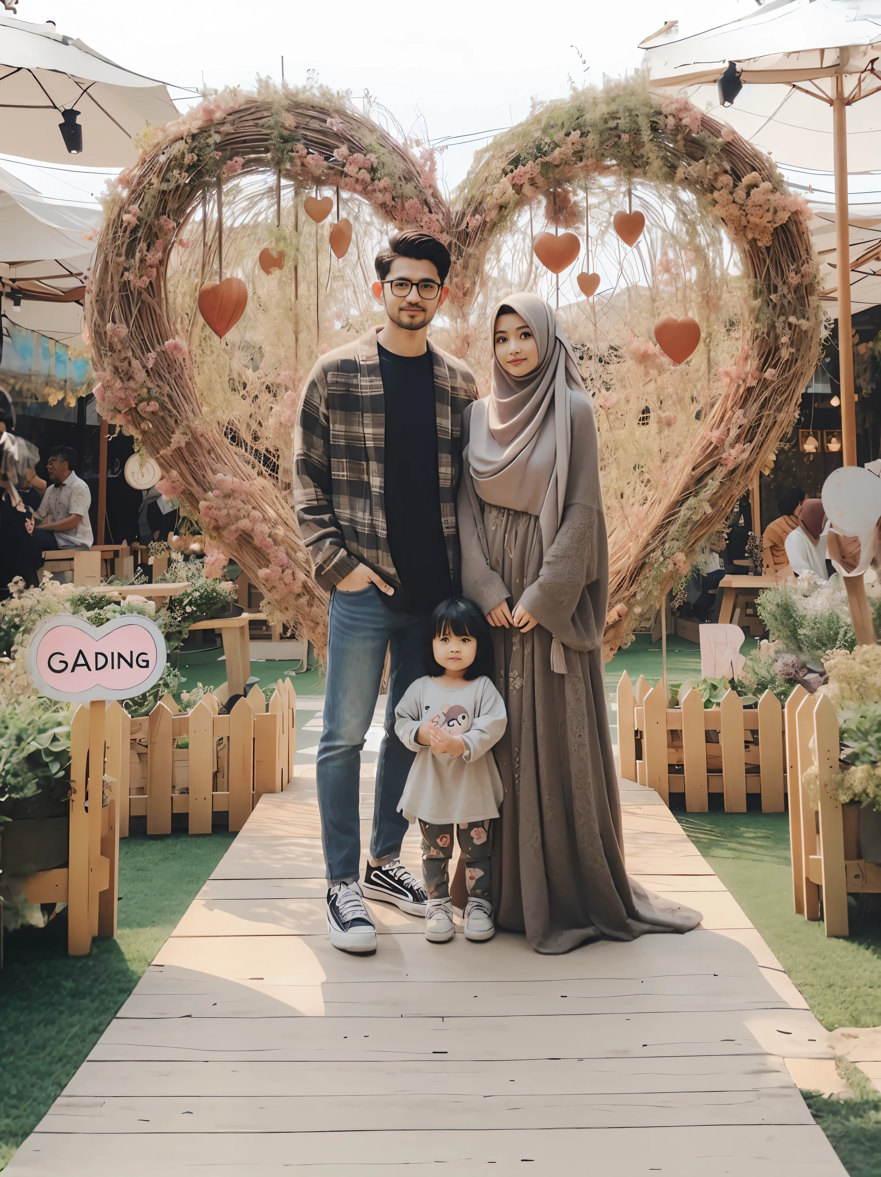 araffe family posing for a picture in front of a heart shaped wreath, happy family, an indonesian family portrait, husband wife and son, of a family standing in a park, inspired by Shaddy Safadi, inspired by Ismail Acar, full body photogenic shot, lovely couple, full protrait, taken at golden hour, perfect android girl family, couple