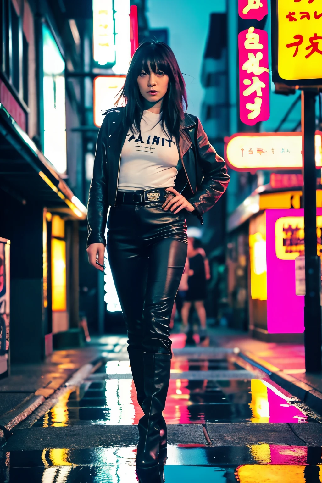 ((best quality)), ((masterpiece)), (detailed), perfect face, image of a Japanese street at night with rain, the neon lights of the signs of the small shops, the neons are pink and blue, on the wet street you can see the reflections of the neons, a Japanese girl walks with an open umbrella, the girl is illuminated by a pink light that comes from her shoulders, the girl has long hair with bangs, the girl has a tight t-shirt from the rolling stones band and tight trousers, high black boots and a leather jacket, the light that comes from the girl's shoulders creates a flair in the image