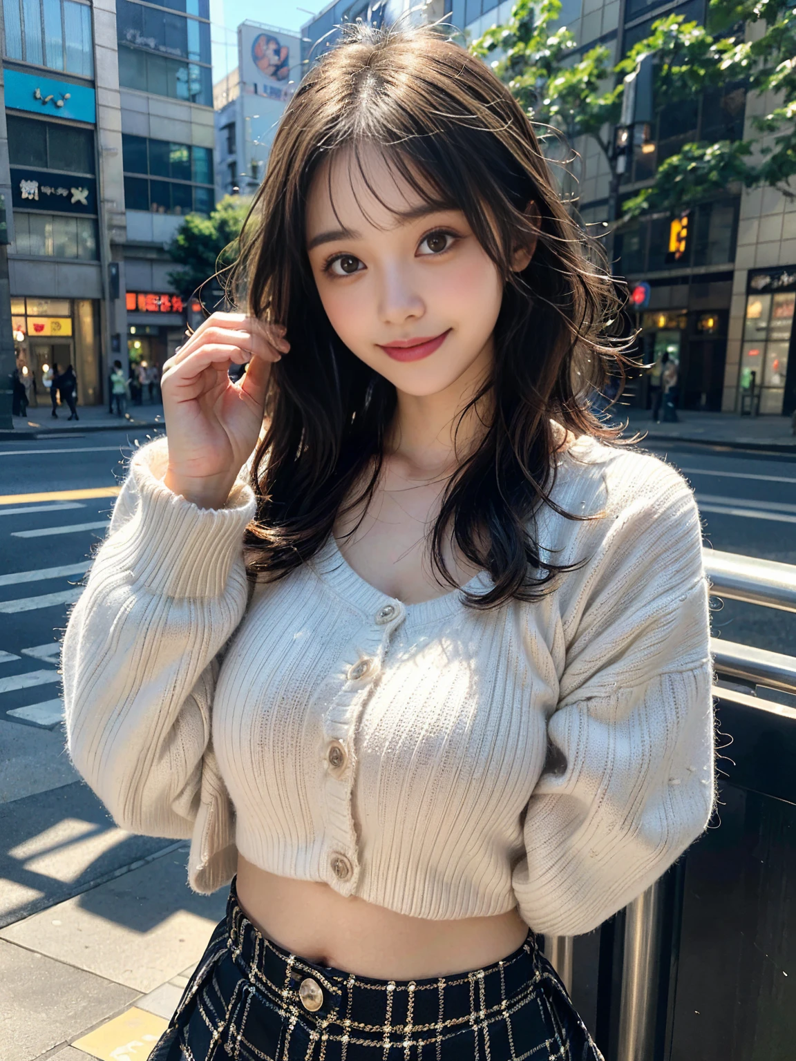 (masterpiece, realistic, photo-realistic:1.2), finely detail, ultra high res, perfect anatomy, best quality, 8K, soft focus, cowboy shot, (happy smile:1.3), (1girl, 15yo Japanese girl, white knit cropped cardigan, mini-skirt with checked patterns:1.2), (sexy pose, standing:1.2), breasts squeezed together, (black short hair, blunt bangs:1.2), beautiful detailed face and big eyes, natural makeup, (white and smooth skin:1.2), (cute round face, huge pointed breasts:1.3), natural lighting, film grain, (detailed background, down town, tall skyscrapers, superb midday view in Shibuya1.2),
