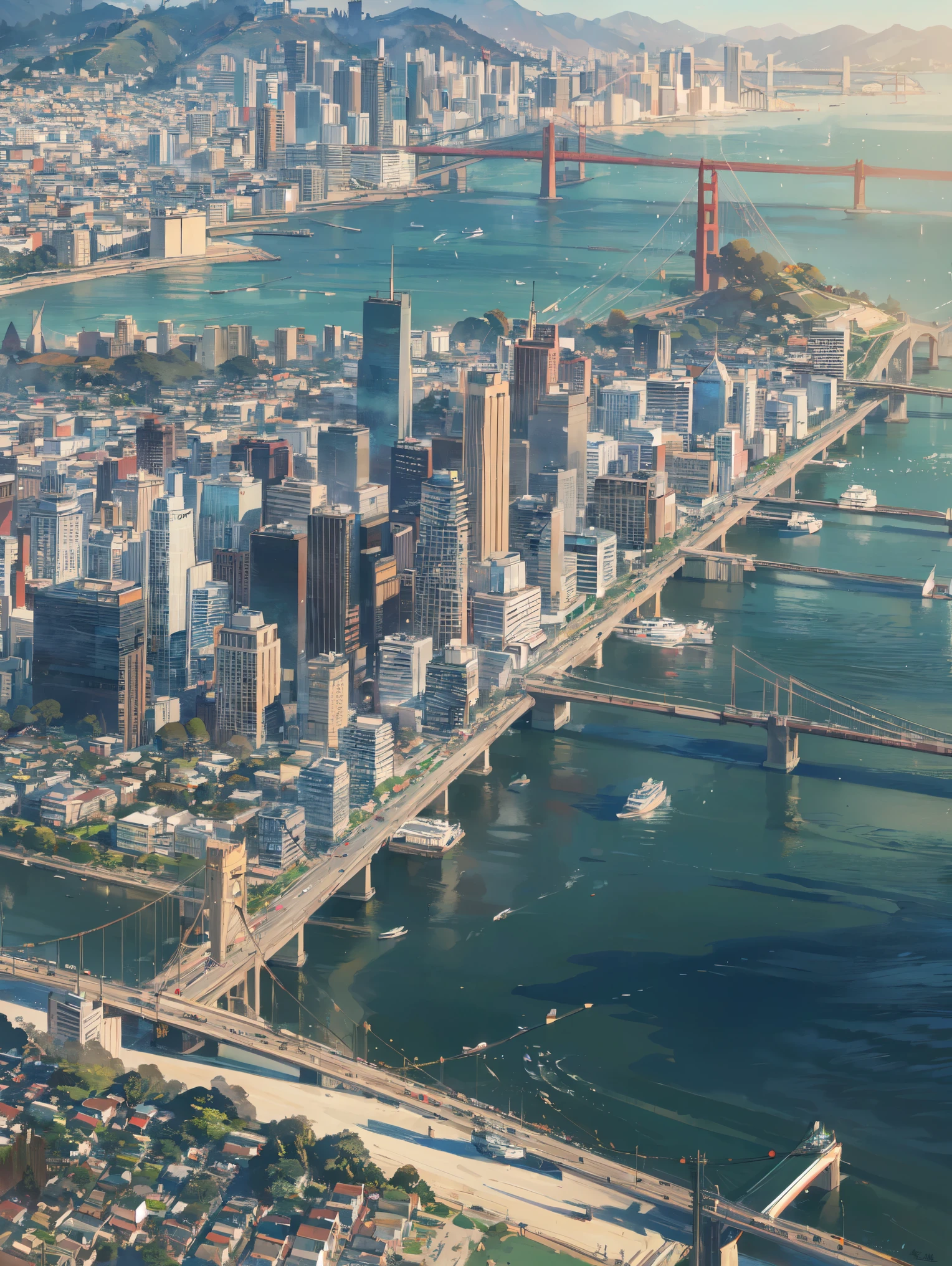 High-resolution, modern-style, ultra-detailed image representing an accurate and up-to-date map of San Francisco, United States. The map displays a comprehensive view of the city, highlighting its tourist attractions, iconic neighborhoods, main streets and avenues, parks and green areas, as well as important buildings and architectural landmarks. All the elements are drawn with precision and detail, allowing a clear and complete view of the city in its entirety. | Aerial perspective composition, offering an overview of the city and its geographical features, such as San Francisco Bay, the Pacific Ocean and the rolling hills that mark the local landscape. The camera captures the city in its entirety, with an emphasis on detail and geographical accuracy. Realistic lighting effects and textures create a sense of depth and three-dimensionality, highlighting San Francisco's natural beauty and unique architecture. Vibrant colors and balanced contrasts highlight the different neighborhoods and areas of the city, making it easy to identify and understand the overall layout. | An ultra-detailed and accurate map of San Francisco, USA, revealing the beauty and complexity of the city in a modern, high-resolution style. | ((perfect detail, perfect texture, perfect composition, perfect design, perfect layout, perfect detail, ultra detailed, enhance details, correct imperfections)), Add more detail, More Detail, Enhance.
