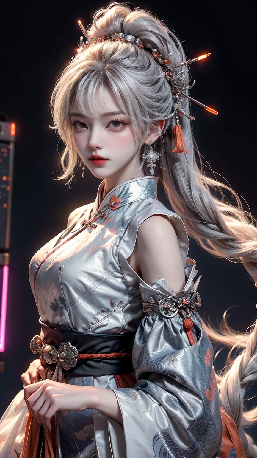 Samurai girl,1 girl, solo,super full havy samurai outfit , liquid silver and orange, cyberhan, cheongsam, cyberpunk city, dynamic pose, glowing hair accessories, pony hair, glowing earrings, glowing necklace, high-tech city, full of samurai sword and futuristic elements, futuristic, technology, glowing neon, orange, orange light, transparent tulle, transparent streamers, laser, digital background urban sky, big moon, best quality, masterpiece, 8K, character edge light, Super high detail, high quality, the most beautiful girl in human beings, micro smile, face facing front and left and right symmetry, ear decoration, beautiful pupils, light effects, visual data, silver white hair, super detail facial texture