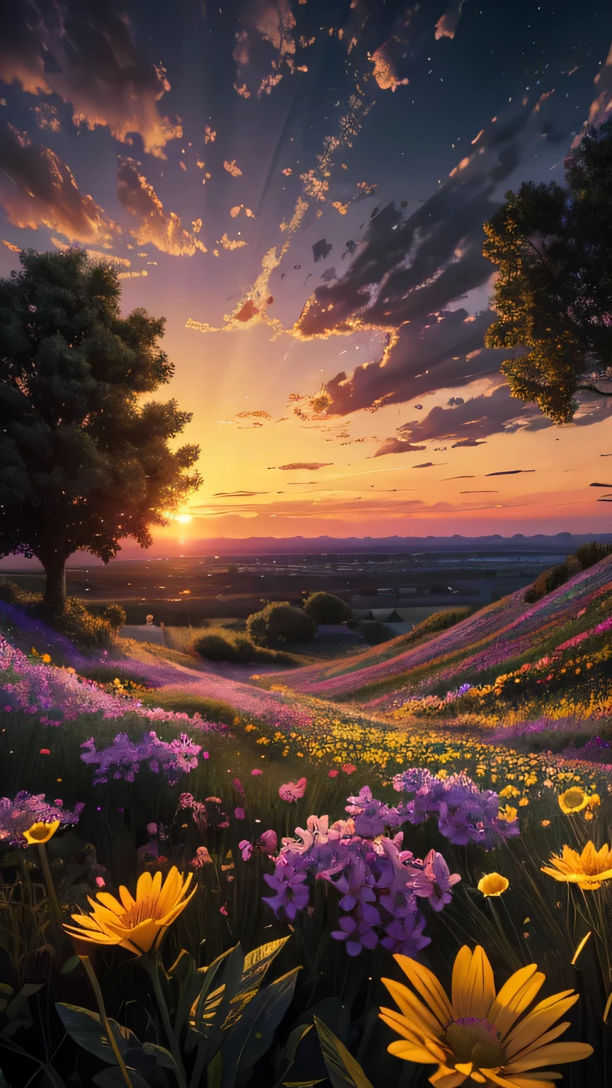 highres, imagination, (realistic), clear skies, composition, sunset,flowers colorful ,(hdr:1.5), outdoors, intricate details,fireflies shining