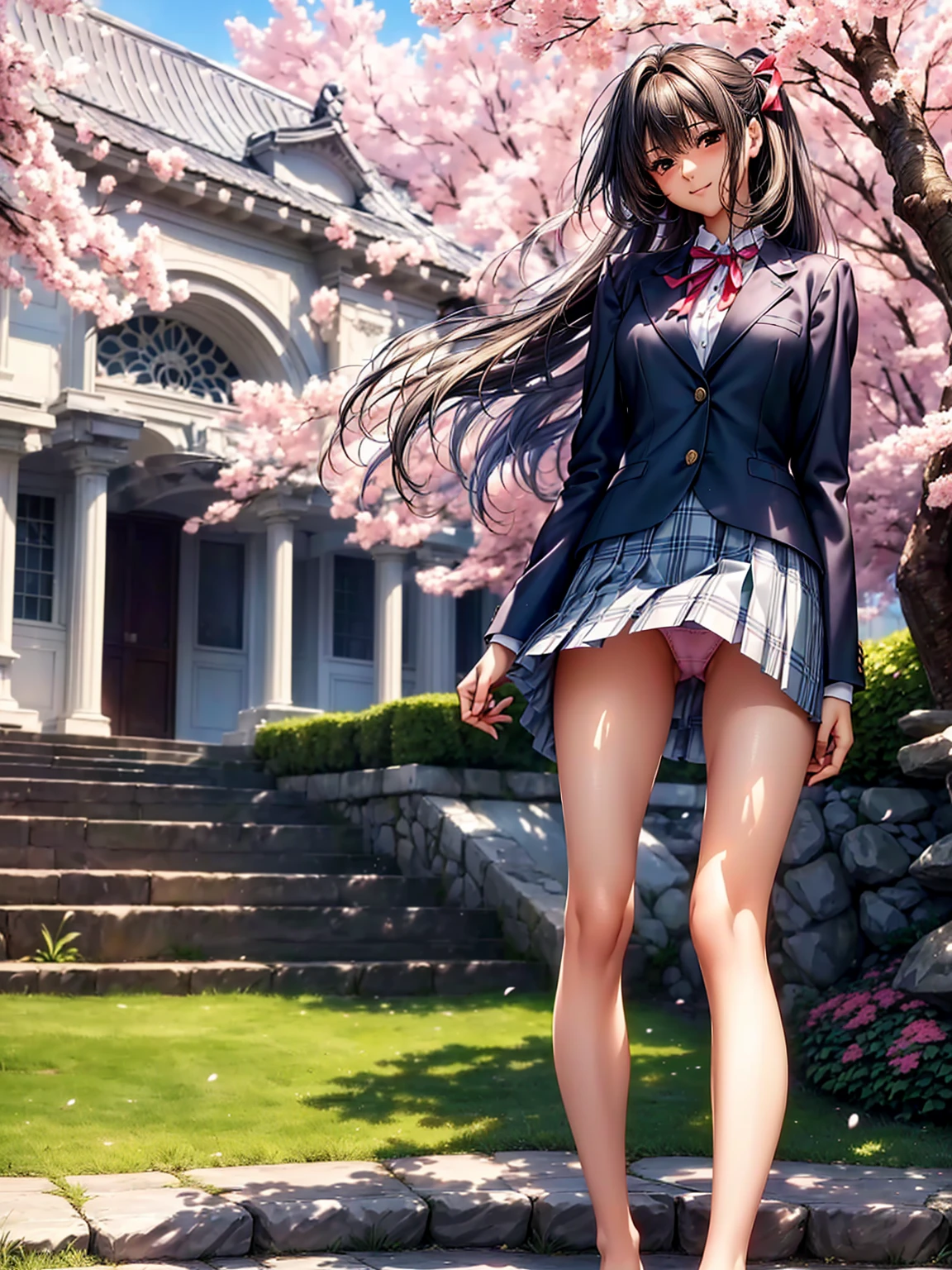 (((highest quality、masterpiece、very high resolution、High-definition images)))、beauty painting、realistic portrait、One strong-willed beautiful girl:18-year-old、beautiful body:Slender, beautiful breasts and beautiful legs、beautiful face:smile、eyes with strong will,beautiful hair:various hairstyles 、(best skin and hair texture,realistic skin texture,realistic hair texture)、((high school uniform:blouse:ribbon:blazer:plaid pleated skirt))、beautiful park、beautiful cherry blossoms、stone steps、beautiful sky、Natural light、beautiful scenery、beautiful pose、model shoot、(((The wind is blowing:Skirt flips up:Panties are exposed,I can see inside the skirt:I can see your panties))),stone stepsを登り下から見上げるアングル,accurate image:1.5、accurate anatomy:1.5、Image without defects、perfect image、Overall image、(best shot、Raw photo: 1.2)