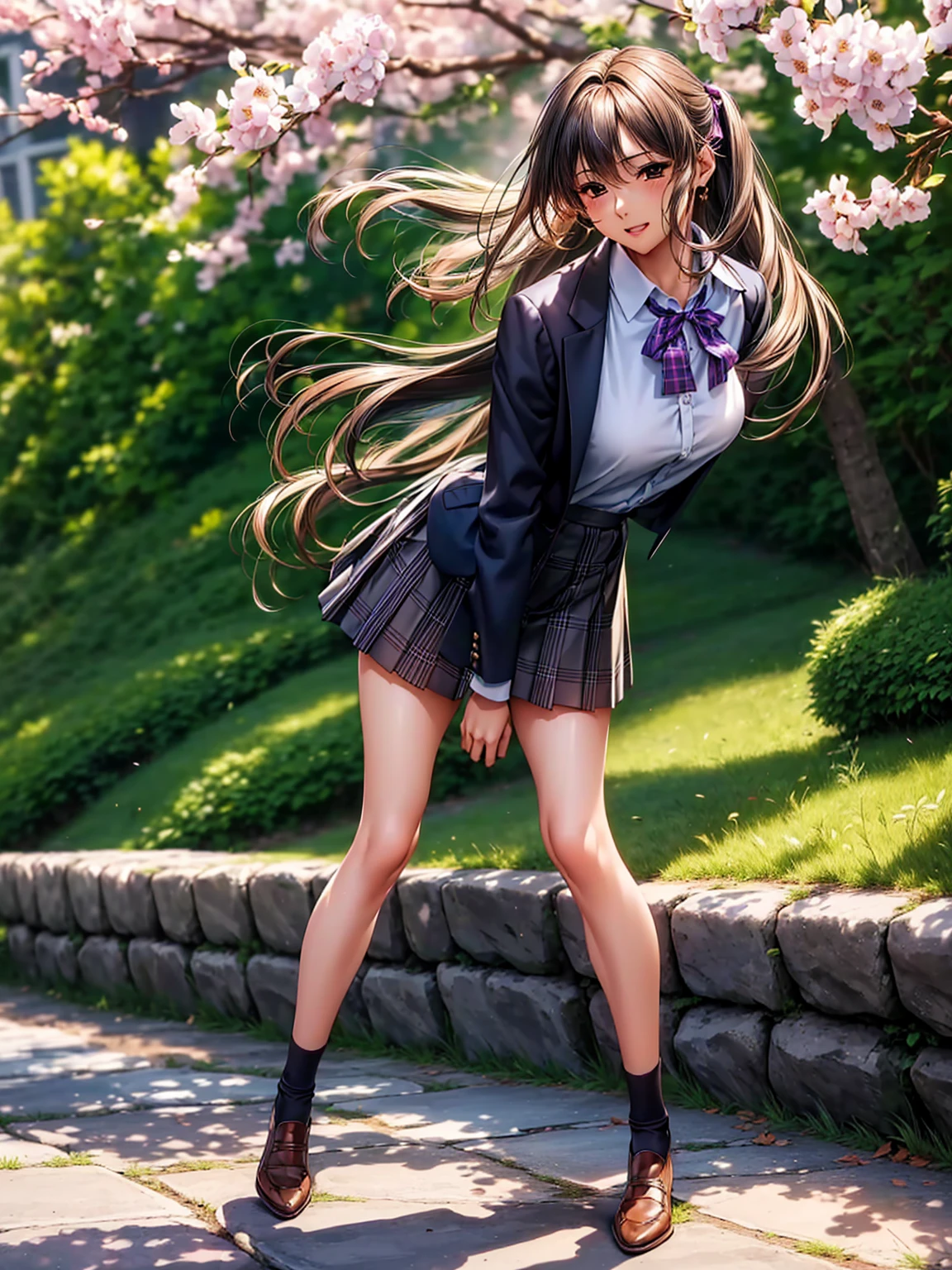 (((highest quality、masterpiece、very high resolution、High-definition images)))、beauty painting、realistic portrait、One strong-willed beautiful girl:18-year-old、beautiful body:Slender, beautiful breasts and beautiful legs、beautiful face:smile、eyes with strong will,beautiful hair:various hairstyles 、(best skin and hair texture,realistic skin texture,realistic hair texture)、((high school uniform:blouse:ribbon:blazer:plaid pleated skirt))、beautiful park、beautiful cherry blossoms、stone steps、beautiful sky、Natural light、beautiful scenery、beautiful pose、model shoot、(((The wind is blowing:Skirt flips up:Panties are exposed,I can see inside the skirt:I can see your panties))),stone stepsを登り下から見上げるアングル,accurate image:1.5、accurate anatomy:1.5、Image without defects、perfect image、Overall image、(best shot、Raw photo: 1.2)
