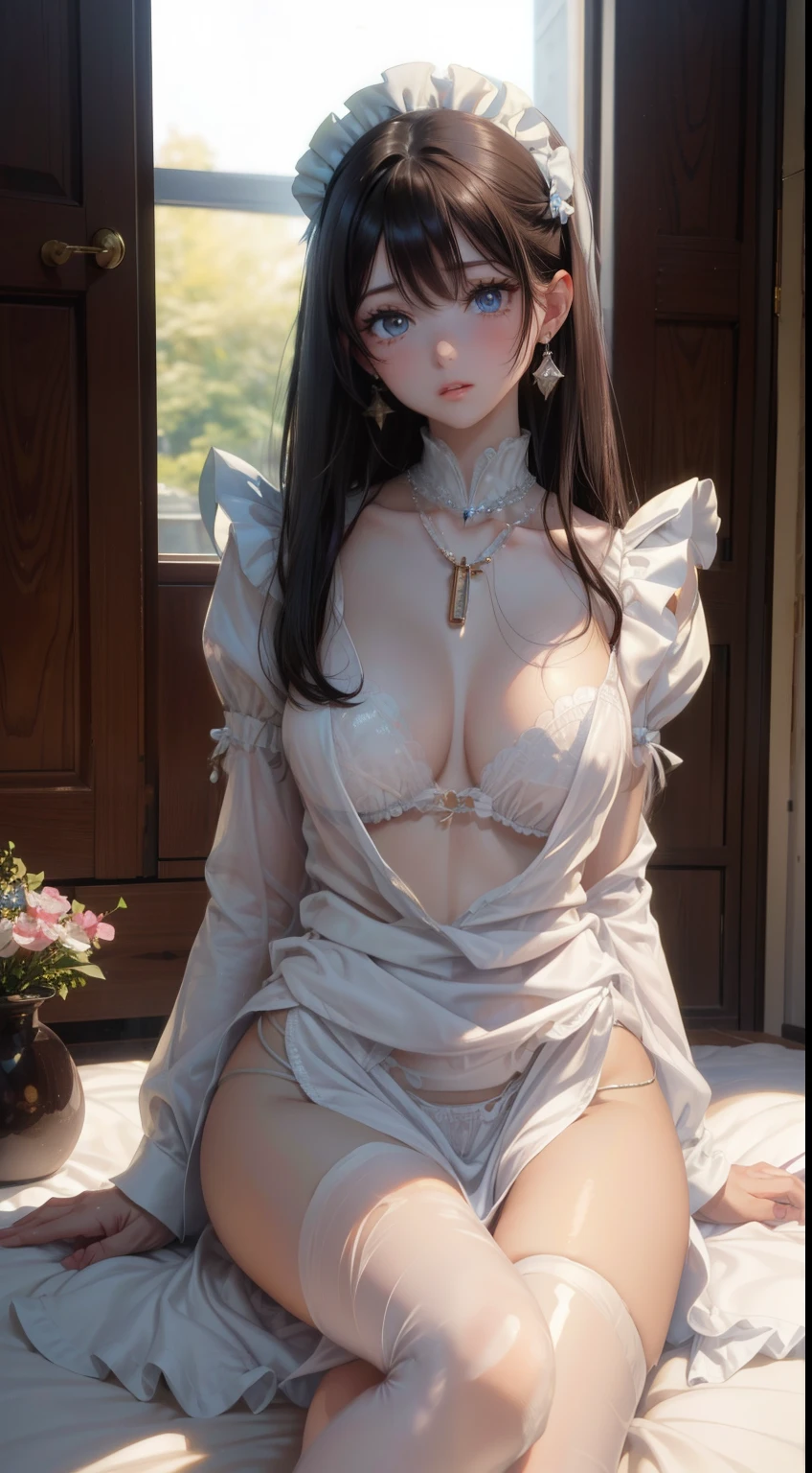 1 girl,(highly detailed skin),bent,,beautiful胸,big breasts,pale skin,pointed chest,erect nipples,(fantasy art,best image quality,surrealist portrait,(8K),Super realistic,最high quality, high quality, High resolution, high quality texture,high detail,beautiful,be familiar with,Very detailed CG,be familiar withテクスチャー,realistic facial expression,masterpiece,sense of presence,dynamic,bold),bob hair,(super thin hair),(super soft hair),(ultra straight hair:1.5),流した長いbangs,hair above one eye.black hair、bangs、facing forward、looking at the viewer、Two-dimensional beautiful girl、(table top: 1.3), (maximum resolution: 1.2), (Ultra HDTV: 1.2), cinematic light,  fine eyes and skin, be familiar with顔の特徴, , 8K resolution, (sharp focus: 1.2, perfect style, beautiful顔, acura, anatomically correct, Highly detailed face and skin texture, fine eyes, double eyelid, thin eyebrows, glitter eyeliner: 1.2, natural cheeks, Glossy skin, Fair skin: 1.2, small shiny necklace and earrings, (glossy lips: 1.4), (Maid clothes:1.2)、 (embarrassed look: 1.2),A neat and clean woman 、 (focus on face:1.2), (upturned chest),), Highly detailed face and skin texture, fine eyes, double eyelid, natural cheeks, greenish gray eyes,rosary necklace、  shiny small earrings, glossy lips: 1.4,exposed cleavage、（A large amount of sperm in the chest:1.4）（A large amount of sperm on the thigh:1.2）、blush、Tears are embarrassing、white underwear、white bra、open your kneeake sexual acts public、disheveled clothes、dressing、exposed panties、sweating、grass、thin underwear、humiliating、impatience、disappointed、It was scary、glare、blue eyes、Full body angle of view、from the front、blush、 18-year-old, Huge 、（family restaurant uniform:1.5）、black brown hair,wavy hair、 medium long hair, (in the bedroom: 1.2), (She sits on the floor：1.2.)、late night bedroom、dark bedroom、