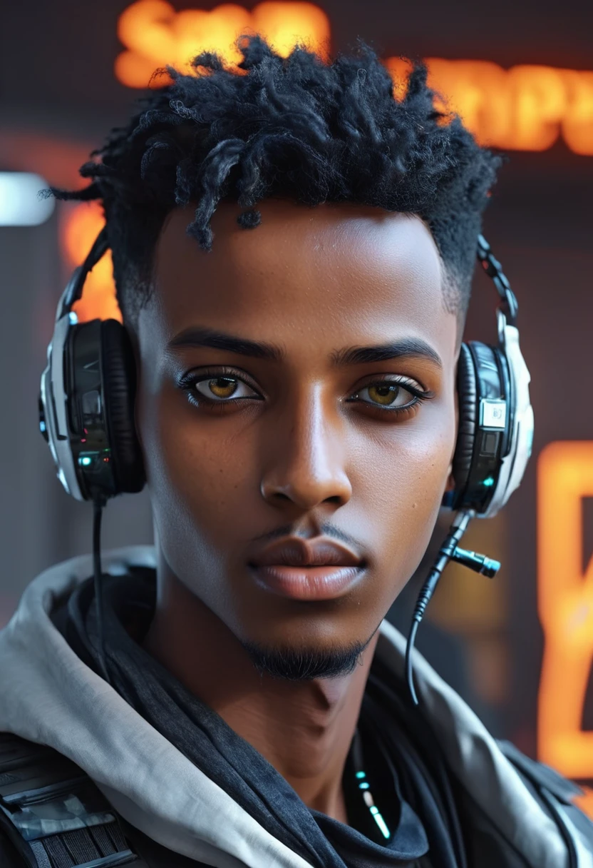 Somali cyberpunk handsome boy, realistic face, 8k, ultra realistic with his name Mohamed in the background,