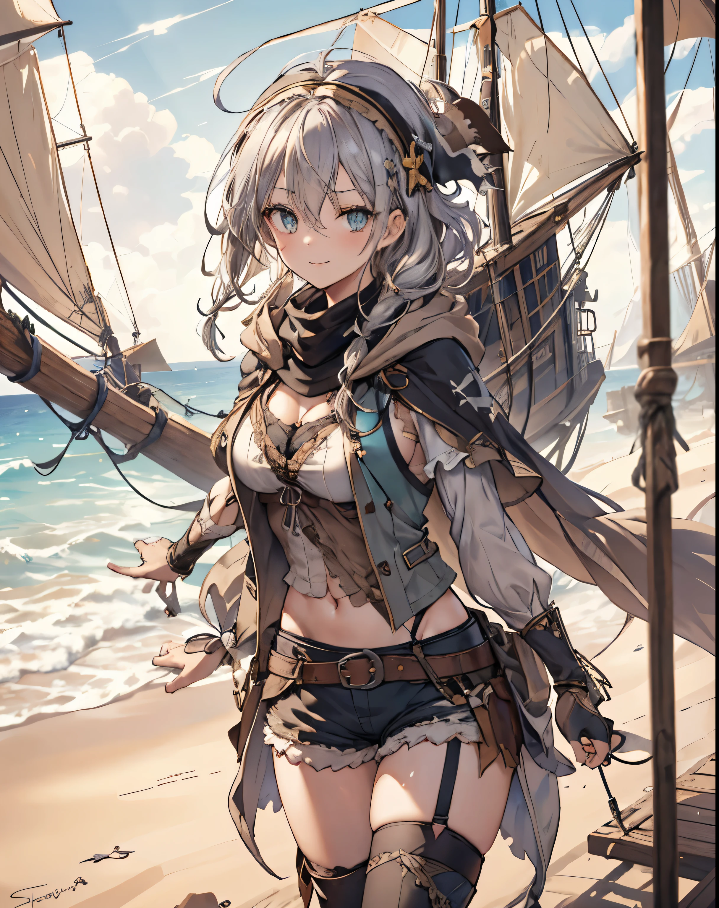 masterpiece, 1girl, sparrow, a silver haired girl, wearing a white medieval pirates clothes, curly medium hair, messy hair, slim body, wearing brown capelet with hoody, he close her left eye, shirt ornament, aqua eyes, sho show her back, ahoge, black vest, baby face, big breast, beautiful breasts, rounded breasts, braid hair, pirates bandana, long sleeves, beautiful eyes, white stocking, droopy eyes, shorts, her age is 19 years old, seductive smile, beach