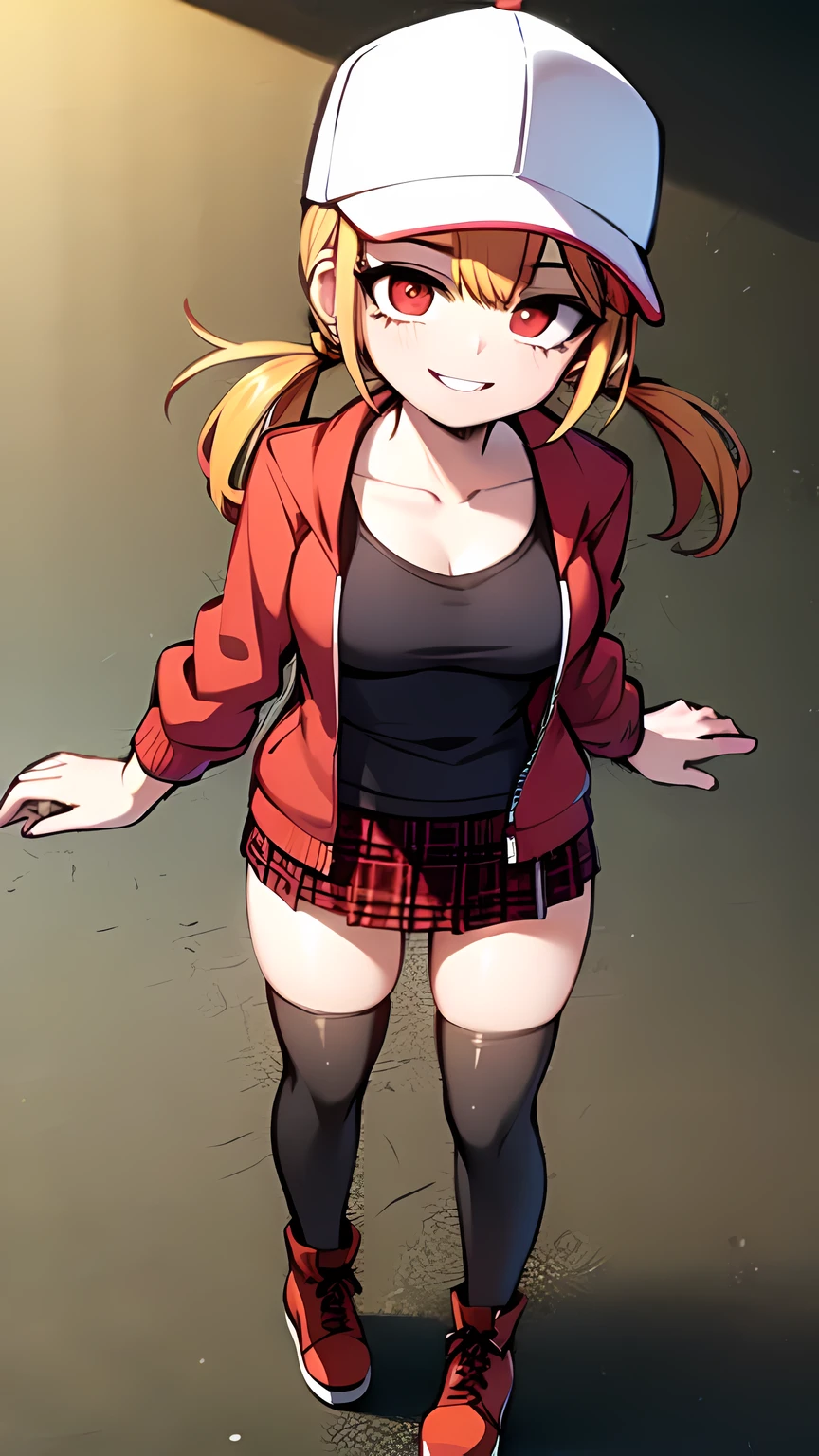 1girl,solo,full body,looking at viewer,facing viewer,short low twintails,orange hair,red eyes,twin parted bangs,hair pulled back,solid outline,smile,black thighhighs,red plaid skirt,white tanktop,military boots,yellow hoodie,baseball cap