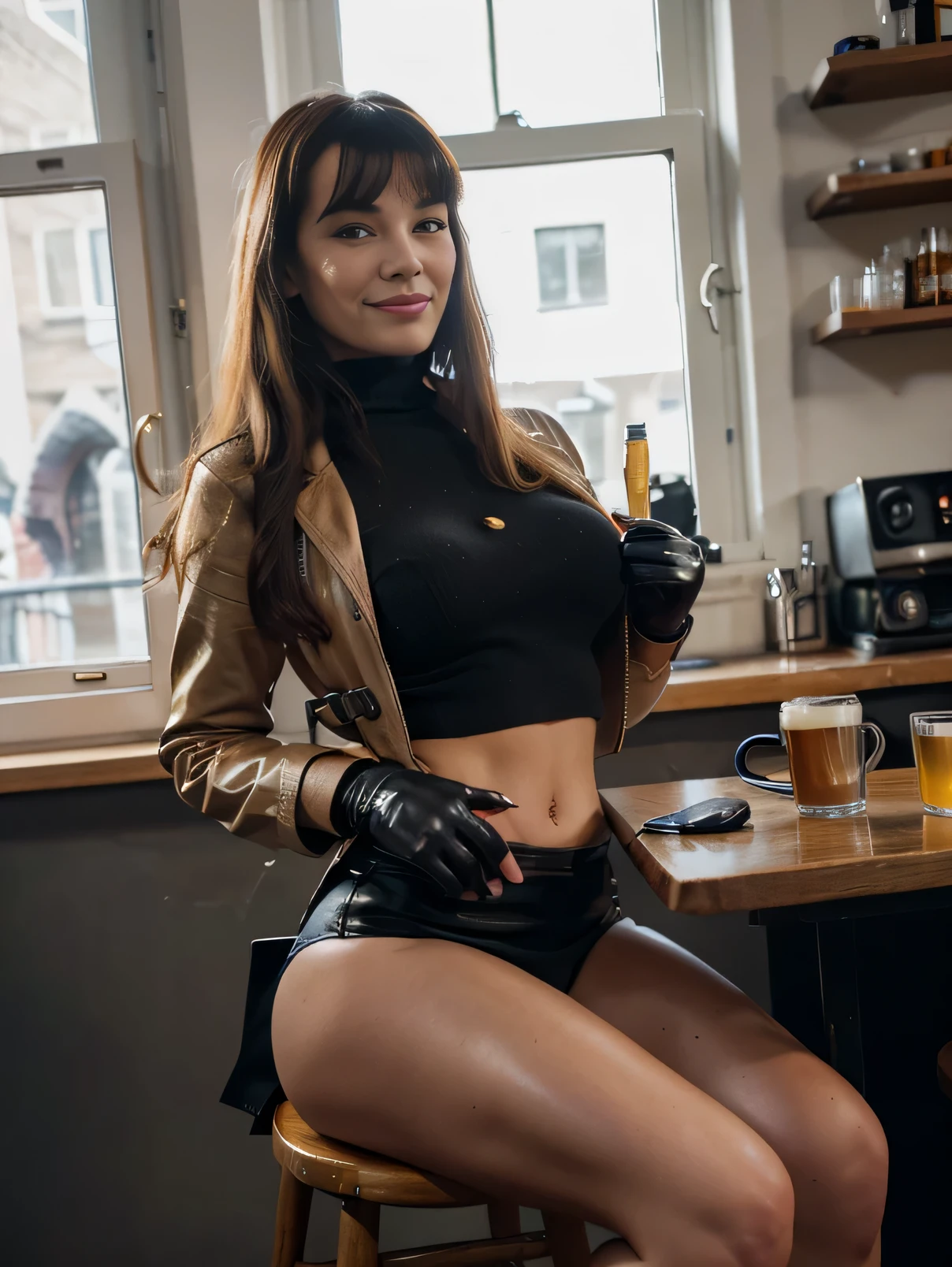softly smiling Bettie Page, smoking a joint inside a coffe shop, sitting on a stool, with a beer in the hand,Golden Locks hair, detailed freckles, blue eyes, very slim, very short, posing in Amsterdam, modeling, wearing turtleneck, trench coat, large leather skirt, black gloves,scarf, The image,white plastic boots, realistic hyper-detailed photo captured in stunning Ultra HD, 8k resolution, Nikon D850, — style raw — c 10 — ar 2:3 — s 250V