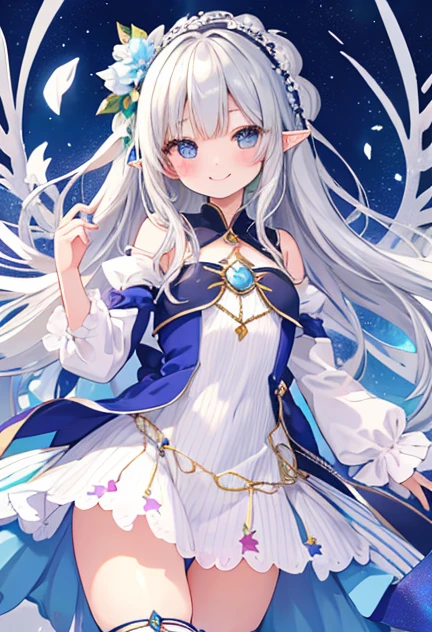 beautiful illustrations, highest quality, pretty girl,beautiful girl、clear face、 half girl、pastel colour ,silver hair、black eyes、smile、blush、にこやかなsmile、thighs、elf、fantasy、fantasy