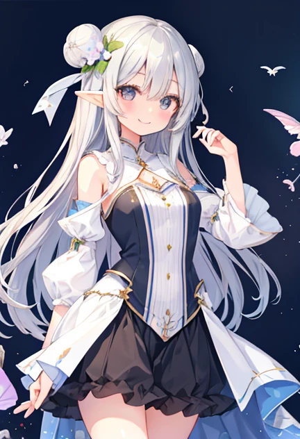 beautiful illustrations, highest quality, pretty girl,beautiful girl、clear face、 half girl、pastel colour ,silver hair、black eyes、smile、blush、にこやかなsmile、thighs、elf、fantasy、fantasy