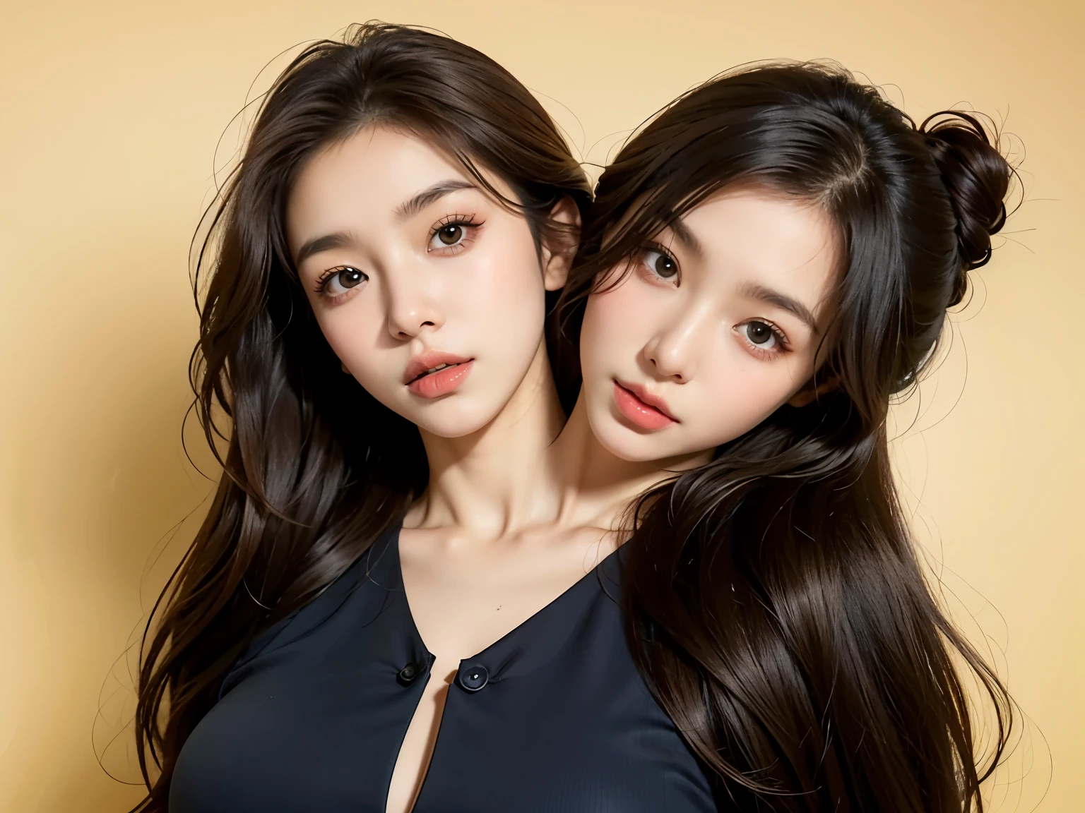 bestresolution, (2heads:1.2), two korean women looking directly at viewer, posing, beautiful gemini twins portrait, beautiful gemini twins, kpop, celebrity, sisters, twins, two, promotional picture, beautiful faces, gorgeous faces, promo image, 