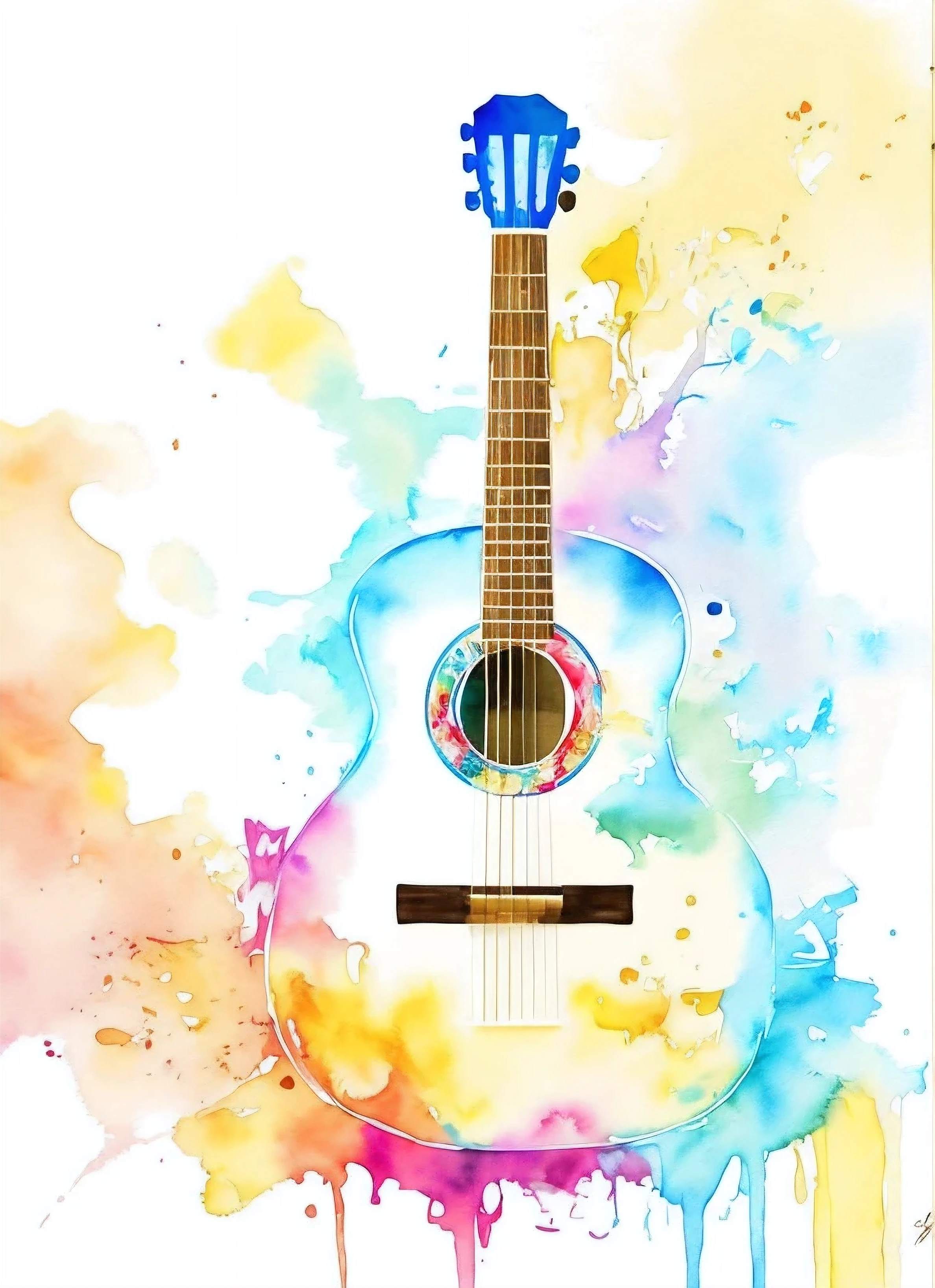 painting of a guitar with a splash of paint on it, classic guitar, acoustic guitar, guitar, guitar concept art, music poster, masterful detailed watercolor, watercolor digital painting, artwork, watercolor masterpiece, watercolor style, the guitar player, watercolor effect, music in the air, musical instrument, guitar solo, watercolor splash, water color splash, colorful watercolor painting, watercolor detailed art