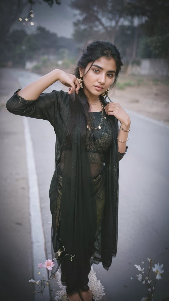 8K, ultra high detailed, an indian girl, cute face, happy, long hair, impressive hairstyle, detailed eyes, detailed lips, indian clothes, saree, black saree, lace, wearing jewellery, nature background, flowers, afternoon, shadow, clear weather, whole body capture,