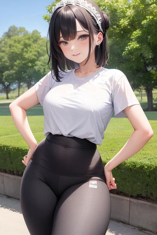 masterpiece、、1 female student、(((Missing arm,bare arms,black short sleeves)))white cloth bun、Shoulder leakage、chubby、Smile、(((、lace slap、black yoga pants)))pale pink lips、posing at school,(Soaked all over),legs are open, solo, White Polo Shirt, looking at the audience, (Thick thighs:1.0),It's raining,Red eyes, Blushed,blunt hair,flower headdress,lawn,hands on hips,creek,black hair