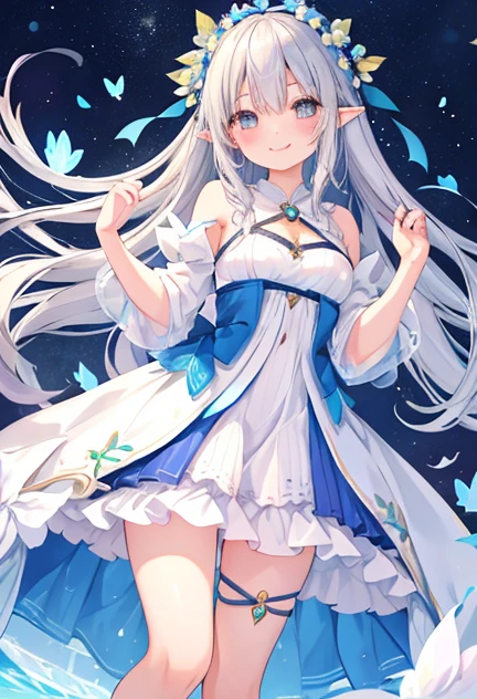 beautiful illustrations, highest quality, pretty girl,beautiful girl、clear face、 half girl、pastel colour ,silver hair、black eyes、smile、blush、にこやかなsmile、thighs、elf、fantasy、fantasy、hold out your hand