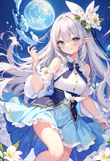 beautiful illustrations, highest quality, pretty girl,beautiful girl、clear face、 half girl、pastel colour ,silver hair、black eyes、smile、blush、にこやかなsmile、thighs、elf、fantasy、fantasy