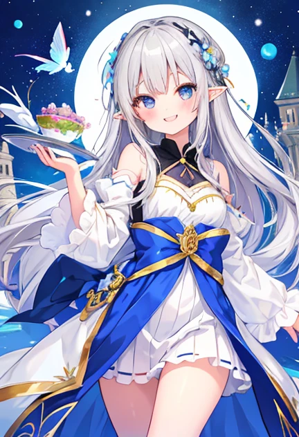 beautiful illustrations, highest quality, pretty girl,beautiful girl、clear face、 half girl、pastel colour ,silver hair、black eyes、smile、blush、にこやかなsmile、thighs、elf、fantasy、fantasy、hold out your hand