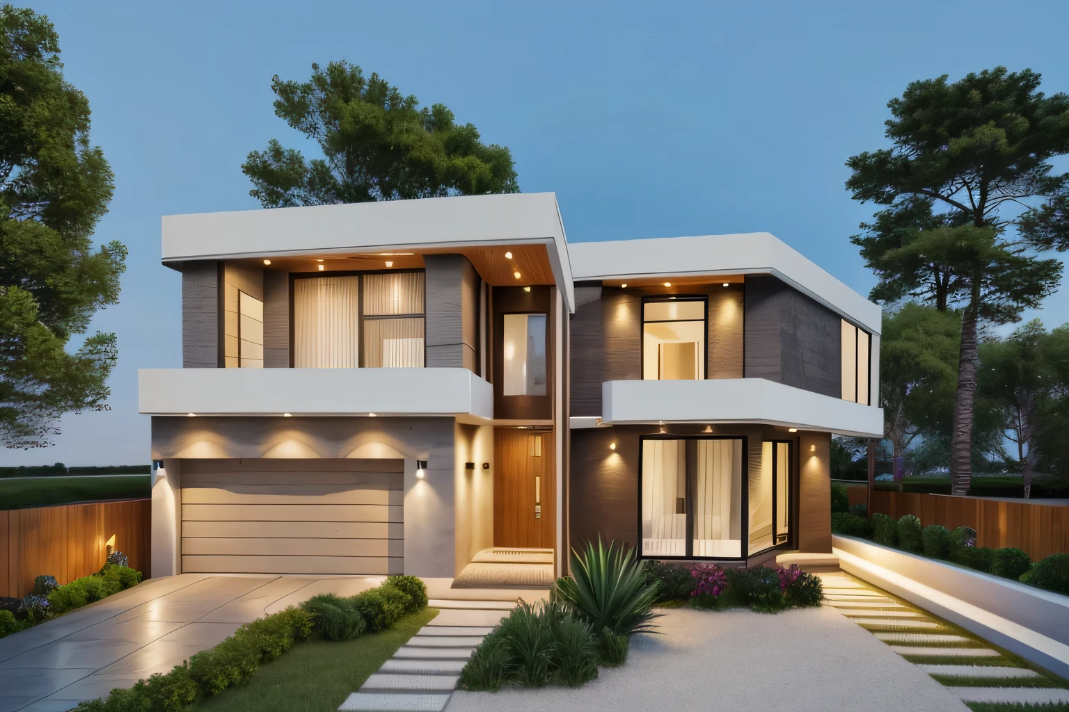 a view of a modern home with a large front yard, main material by white wall and stone and wood, 1 road runs in front of the house, (RAW photo, real, best quality, masterpiece:1.2), look morden minimalist, 1 road in front of the house, shime ring light, light brighteness from indoor:1.2, dynamic lighting:1.3, (hyper realistic, photo-realistic:1.2), high quality, day lighht, hight contrast :0.5 perfect lighting, archdaily, award winning contemporary, contemporary masterpiece, well-designed masterpiece, large modern residence, neotraditional modern, wide angle exterior 2022, midcentury modern, contemporary house, hip modern vibe, a long-shot from front, award winning modern design, stunning lines, residential, subtle detailing, light indoor:1.3