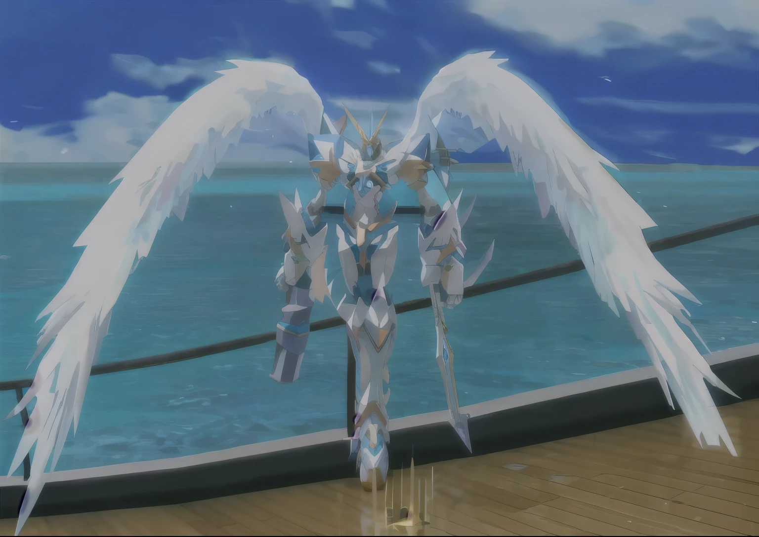 Anime Digimon Adventure Tri - Omegamon com asas angelicais majestosas brancas como a neve, but he has a weak and thin body because he is not very strong, evidenciar a fraqueza em seu corpo