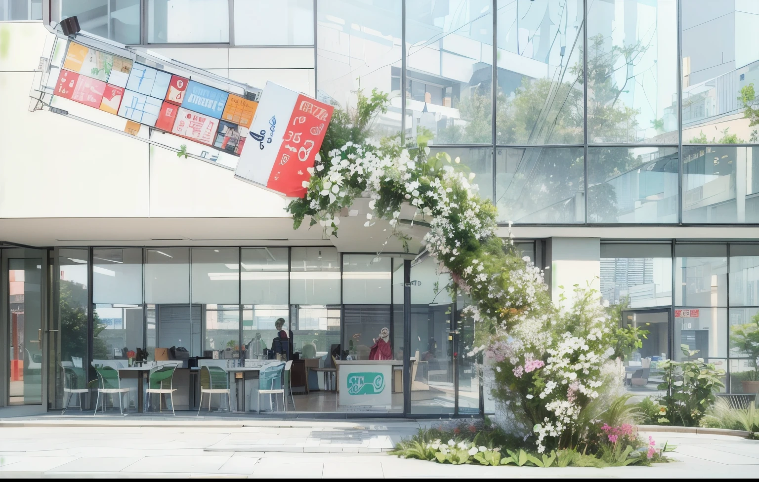 A white paper cup with colorful logos is flying in the air, wrapped around in the style of green plants and flowers on its sides, with an outdoor glass building behind it. The scene has large windows and high ceilings, creating a futuristic atmosphere. It was captured using Canon cameras, and the photo style showcases ultrahigh resolution.,This was taken with a Canon camera., Photo style shows ultra-high resolution. HD quality, high detail, Very detailed, beautiful, architectural shots, Surrealism, Unreal Engine 5